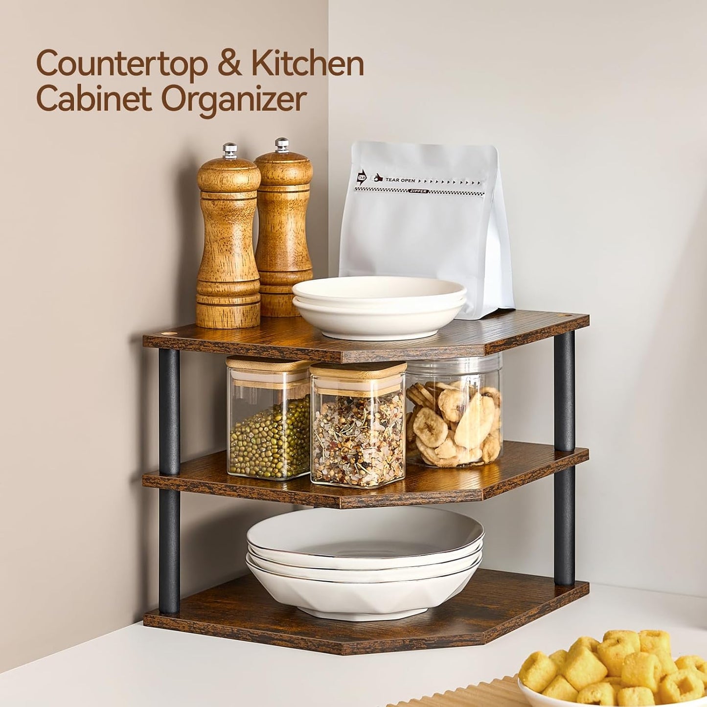 3-Tier Wood Corner Shelf, Cabinet Plate Dish Pantry Organizer Table Shelves Countertop Bookshelf Decor for Kitchen Bathroom Bedroom Home Set of 2