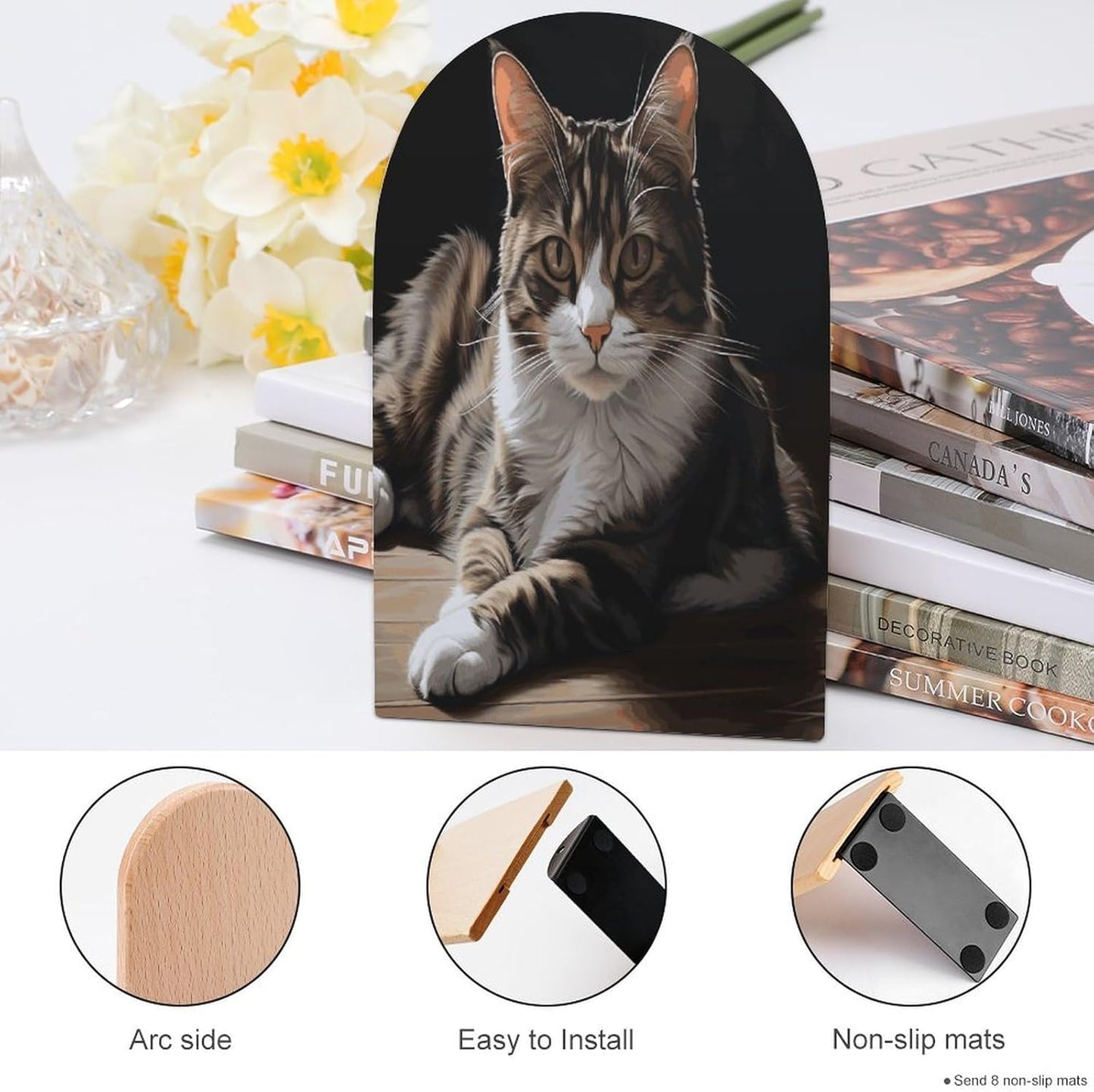 Tabby Cat Bookend for Shelves Wooden Book End Large Size Sturdy Book Holders Stoppers with Metal Base for Bookshelves Slick Decorative Bookends Stands