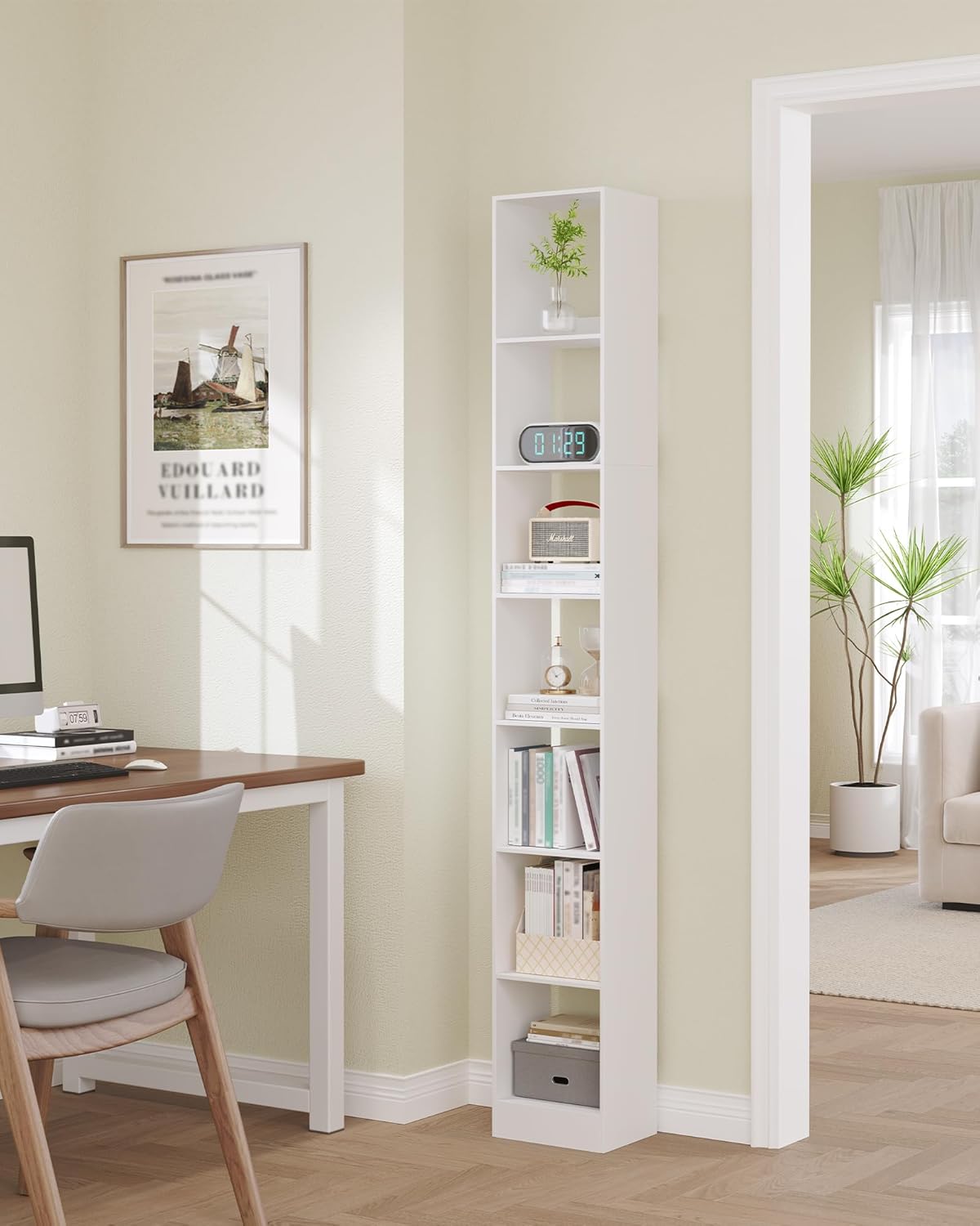 Bookcase, Tall Narrow Bookshelf, Open Display Storage Shelf, Skinny Cube Book Shelf with Adjustable Shelves, CD Rack for Living Room, Home Office 7-Tier(9.4 x 11.8 x 84.3 inch) White BC79703X