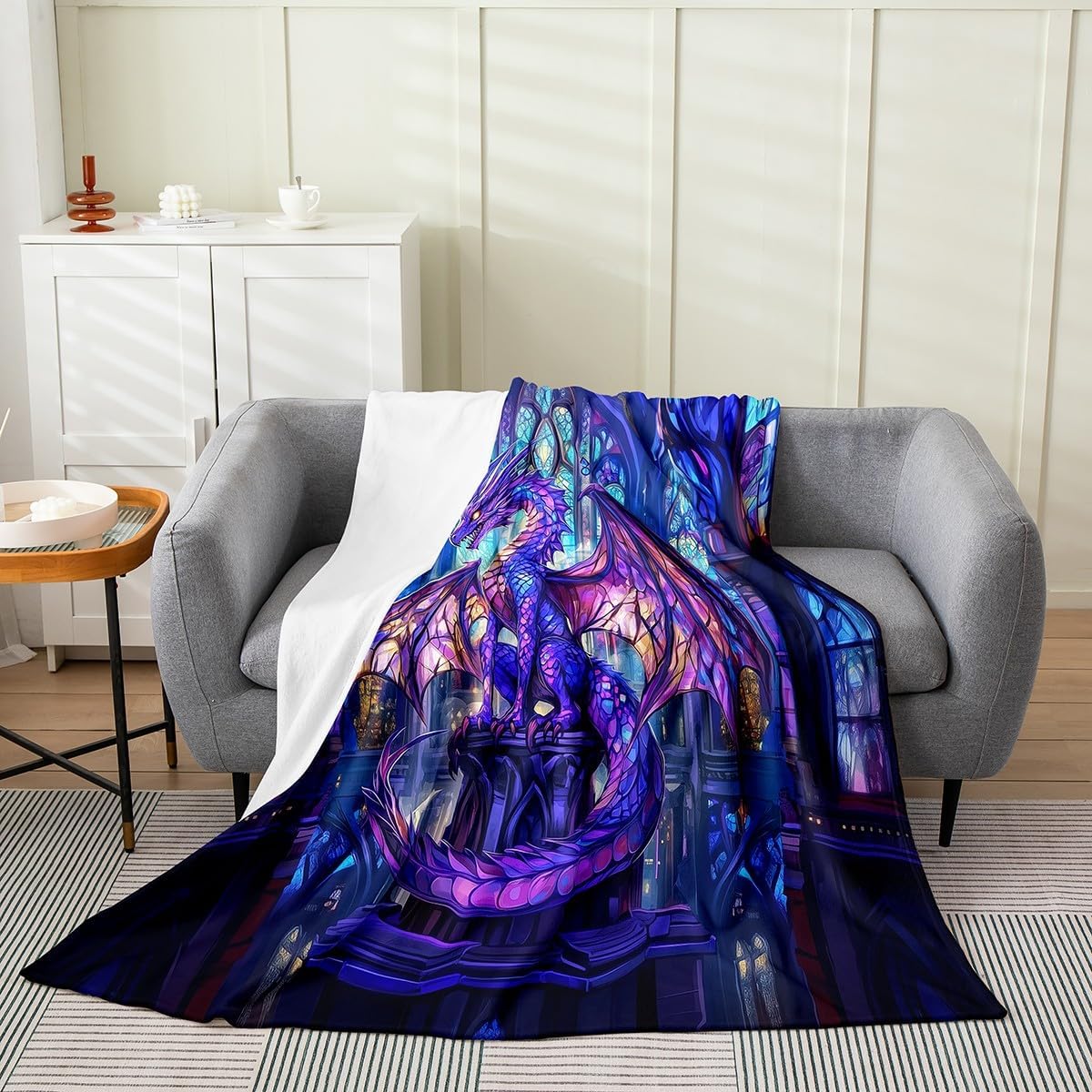 Western Dragon Kids Flannel Blanket,Flying Wing Purple Dragon Bed Blanket for Boys Girls,Castle Tale Trippy Animal Geometric Fleece Blanket,Blue Christmas Fuzzy Blanket,Queen Size (90 x 90 Inches)