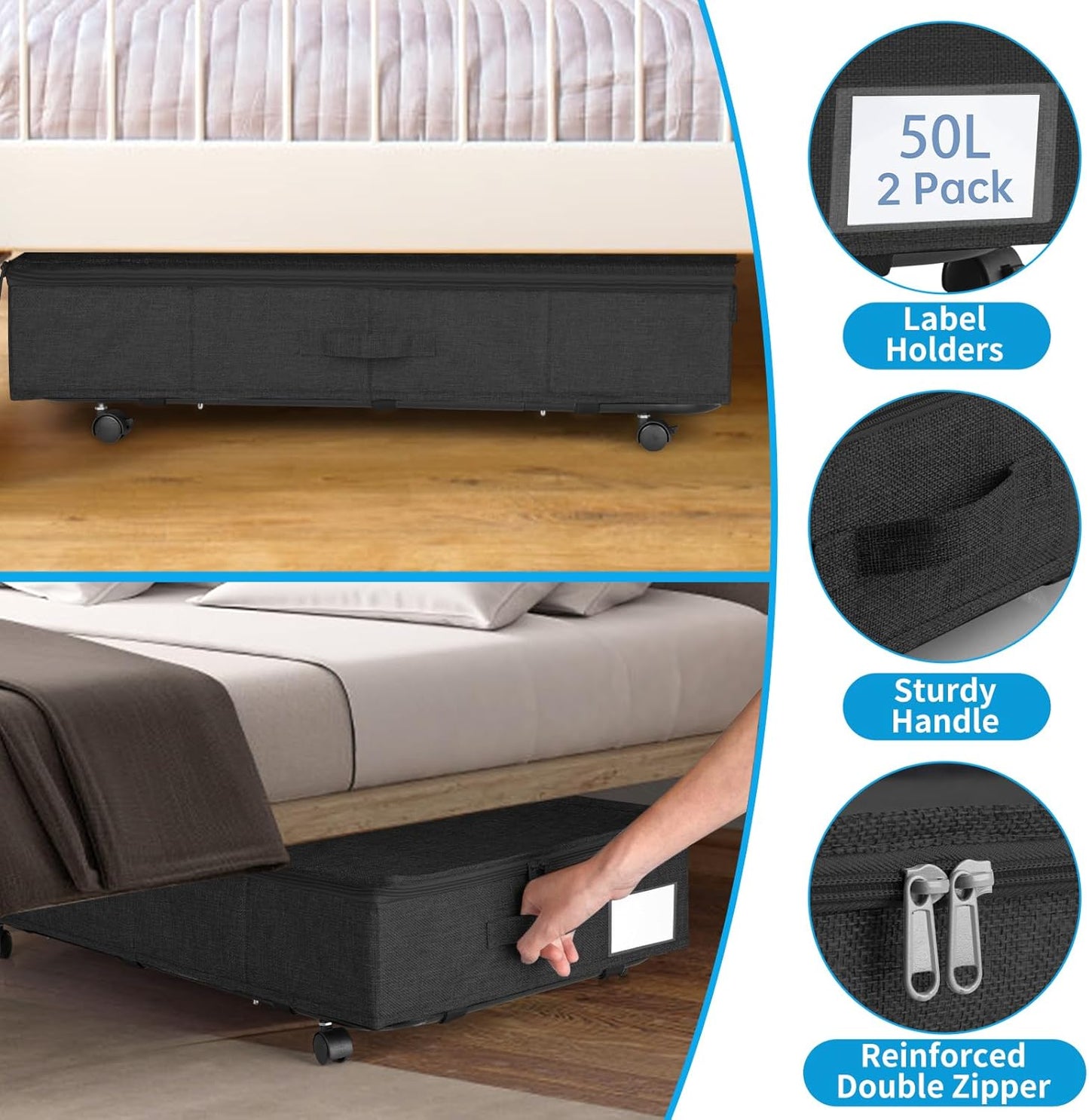 Under Bed Storage with Wheels & Lid, 2PCS Underbed Storage Container, 29.5 x 15.7 x 8.7 in Tall, Blankets Clothes Comforters Shoe Storage Bag Drawers, Rolling Zippered Organizer Bin -Black