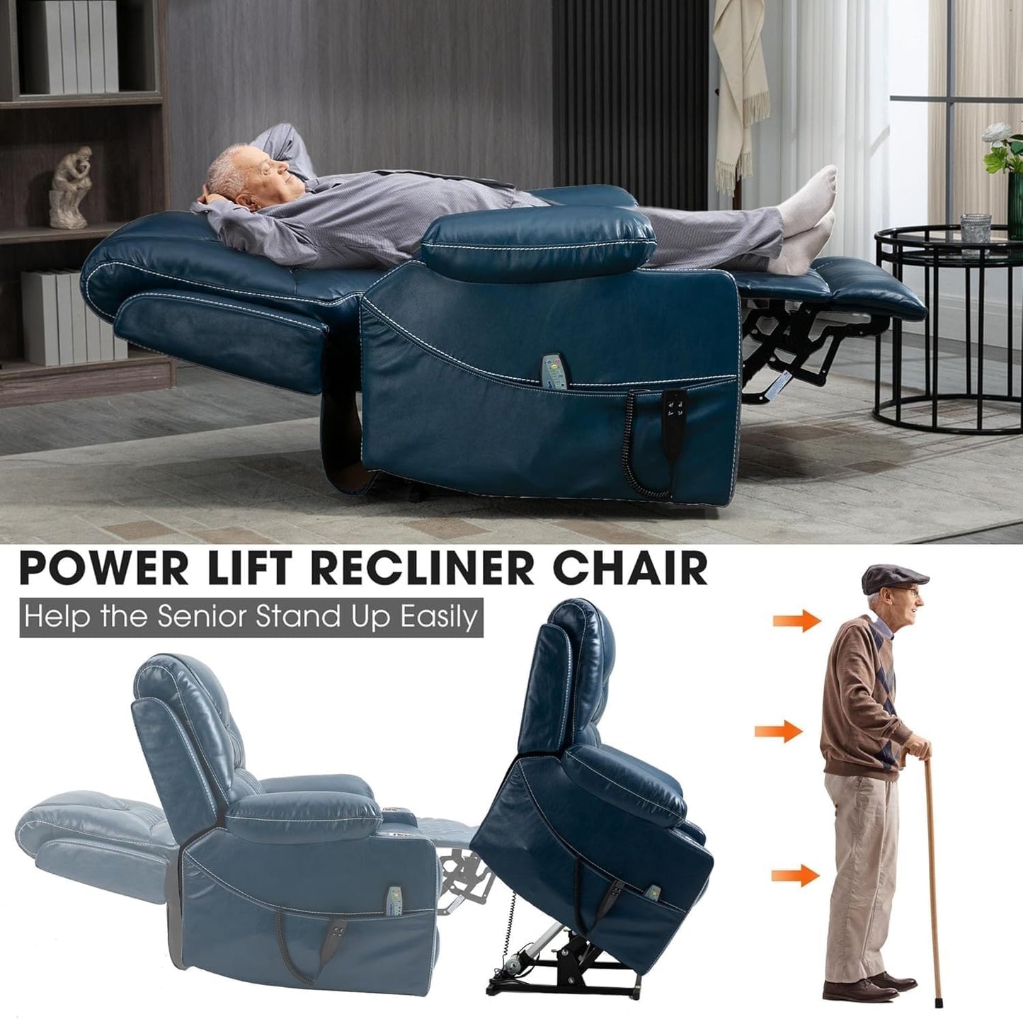 Large Power Lift Recliner Chair for Elderly, Dual Motor Infinite Position Reclining Sofa with Massage and Heat, Blue Leather Home Theater Seat with Cup Holders
