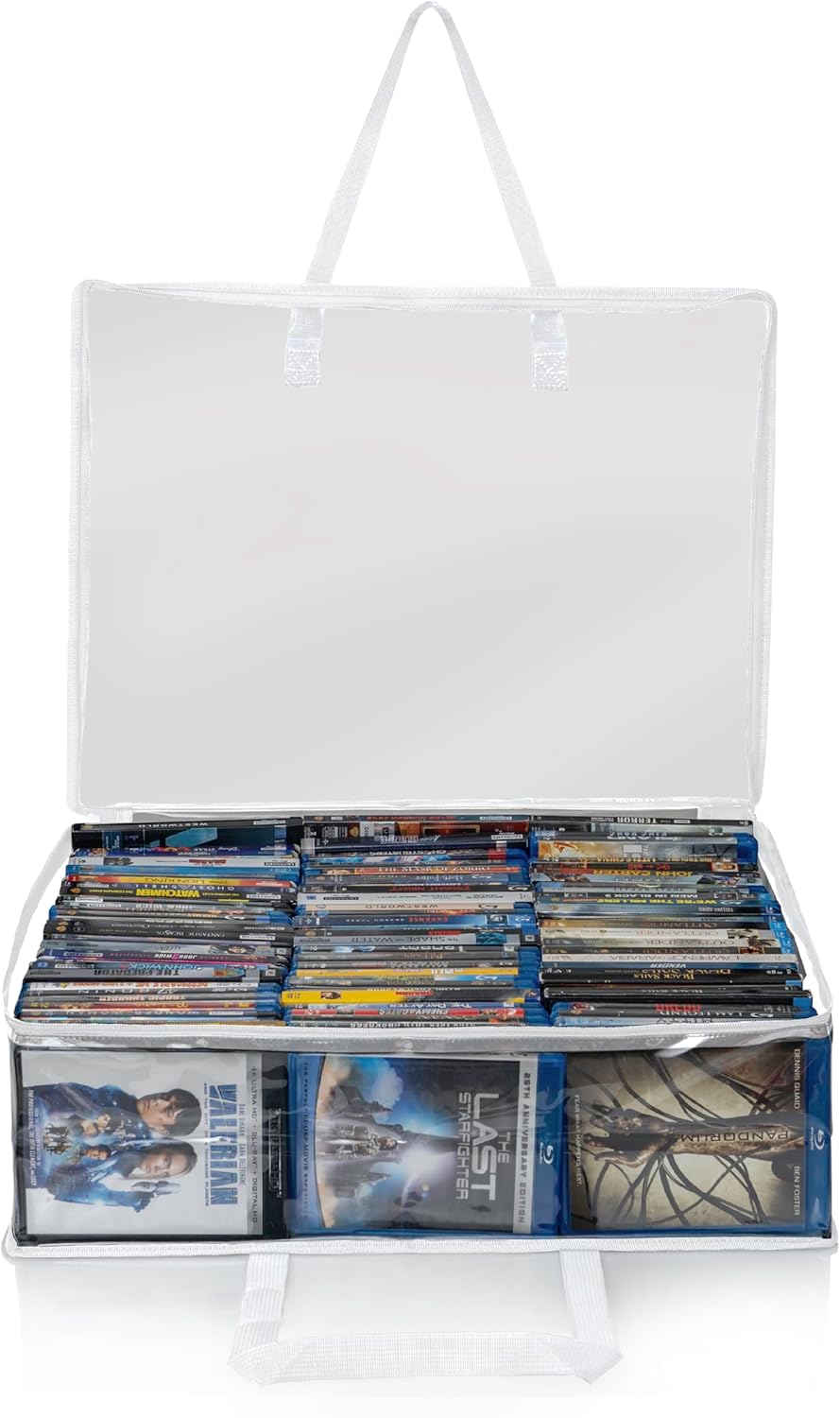 Besti Blu Ray Case Holder Organizer, Set of 2 Clear Plastic Bags with Handles for Storing Blurays, DVDs, CDs, Storage Bags for Video Game Cases, Holds Up To 90 Bluray and 60 DVD Cases (White)