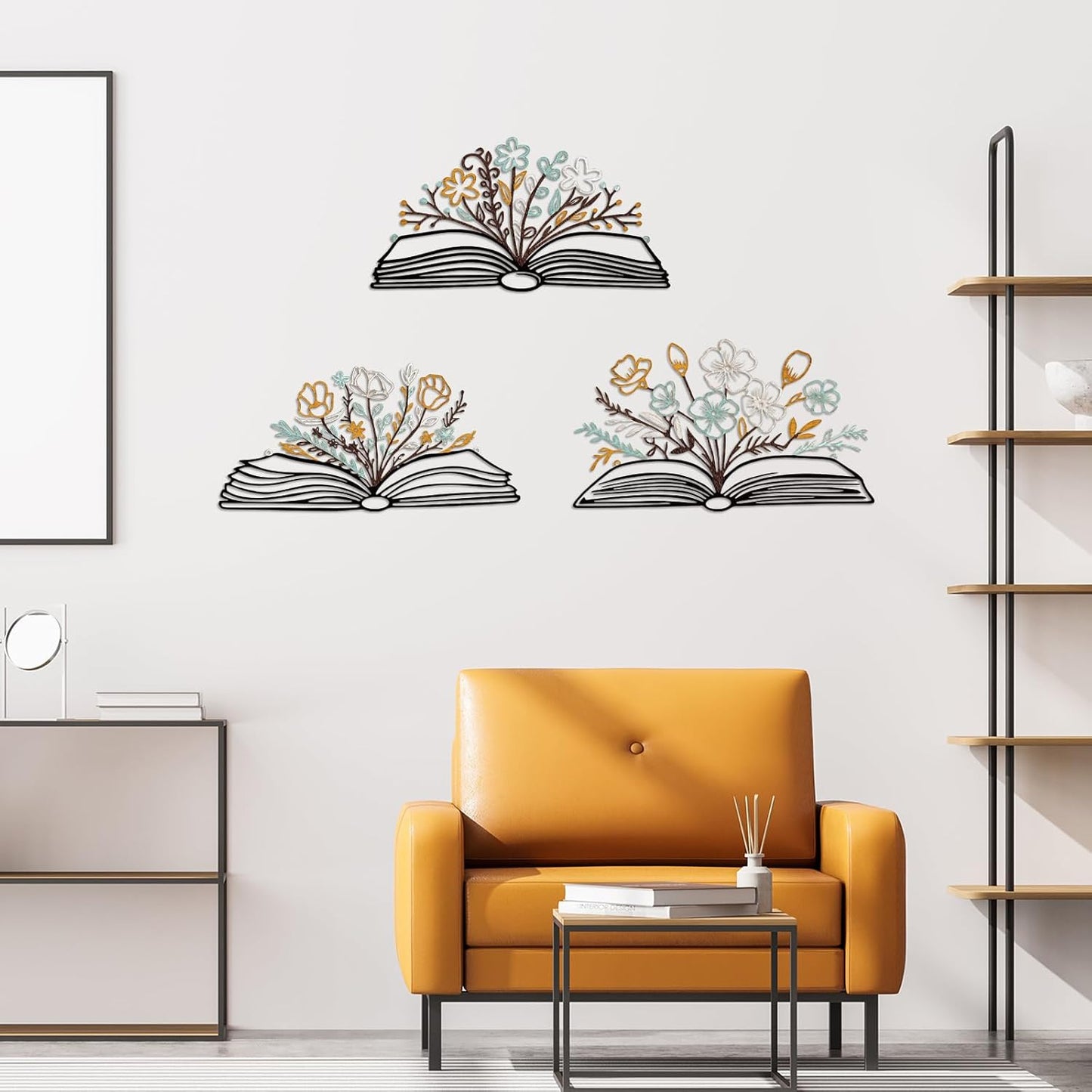 Honeydak 3 Pcs Reading Flower Book Wall Art Metal Library Wall Decor Sign Book Lovers Teacher Gift Silhouette Hanging Sculptures for Home Reading Room Office (Rustic Color,Elegant Style)