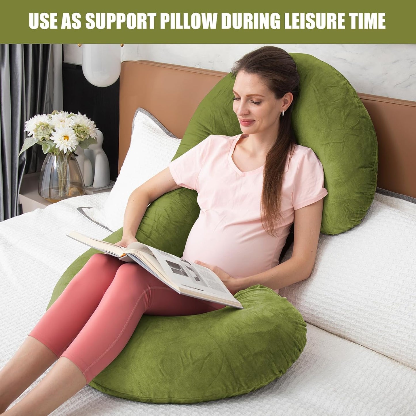 Pregnancy Pillow, C Shaped Full Body Pregnant Women Sleeping Pillow for Maternity Support with Cover (Green)