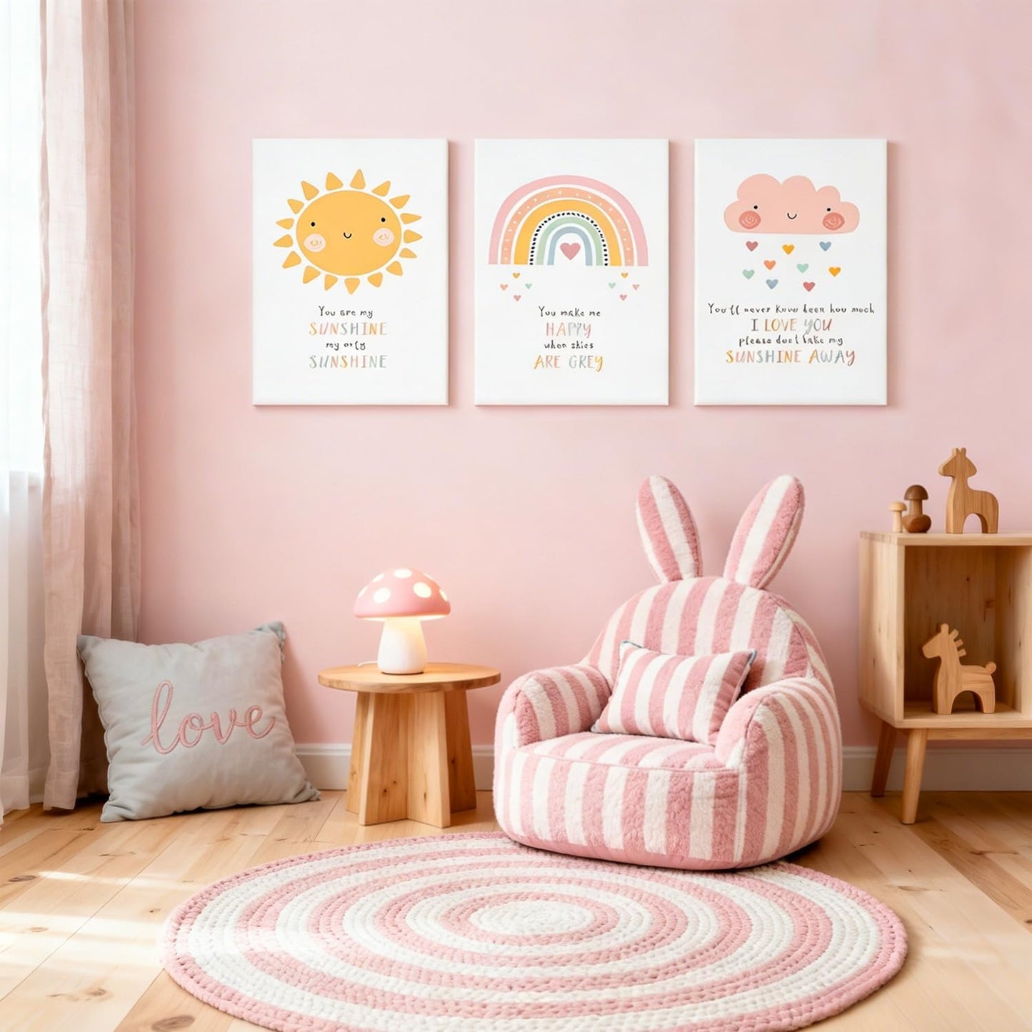 NCCXNCC 3Pcs Children's Room Canvas Wall Art Cute Sun Rainbow Cloud Painting Pastel Baby Room Wall Decoration Artwork Simple Children's Room Poster Print Suitable for Nursery Bedroom 16x24Inch Framed