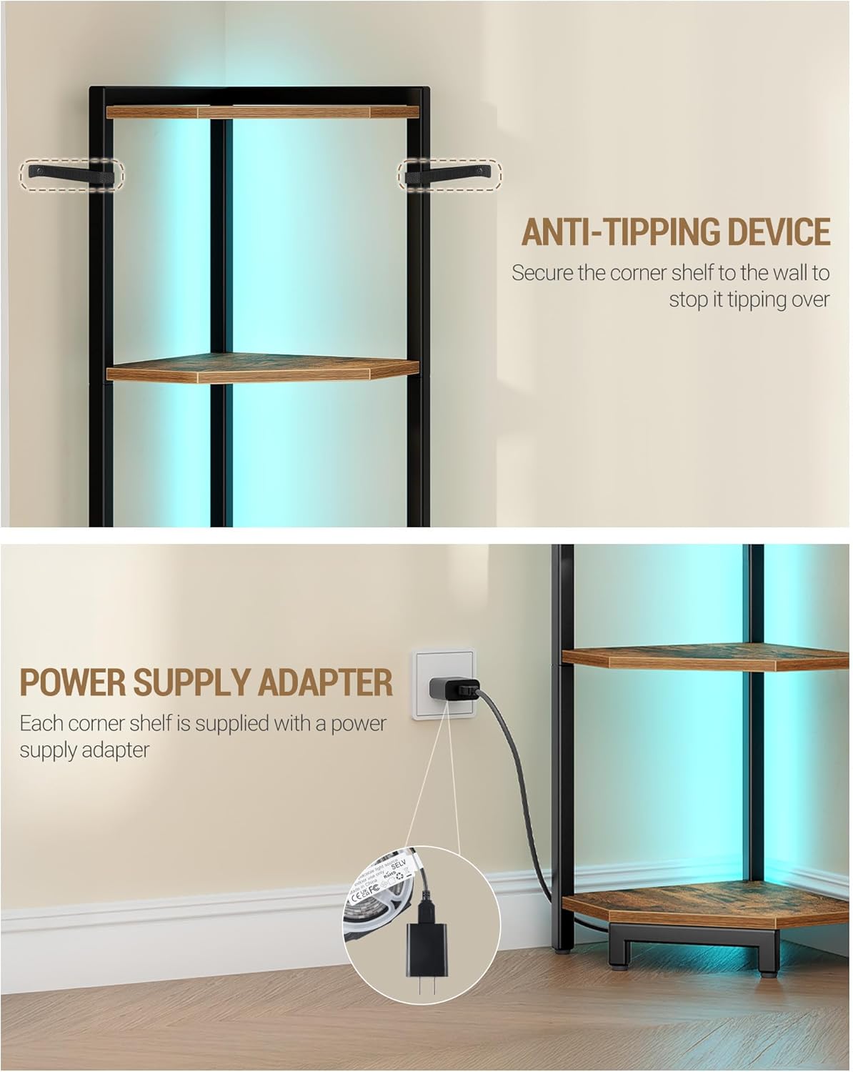 Corner Shelf with LED Light, 5-Tier Corner Bookshelf, Tall Narrow Display Bookcase with Metal Frame, Standing Shelf for Small Space, Living Room, Home Office, Bedroom, Rustic Brown CS66501B