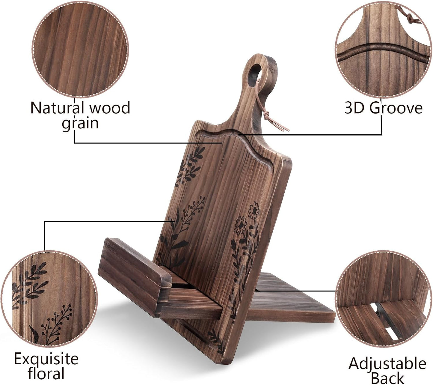 Geelin Wooden Cookbook Stand with Charging Slot Cutting Board Book Holder for Kitchen Counter Adjustable Recipe Book Holder Floral Farmhouse Cookbook Stand Kitchen Gifts for Chef Mom Dad Cooking Lover
