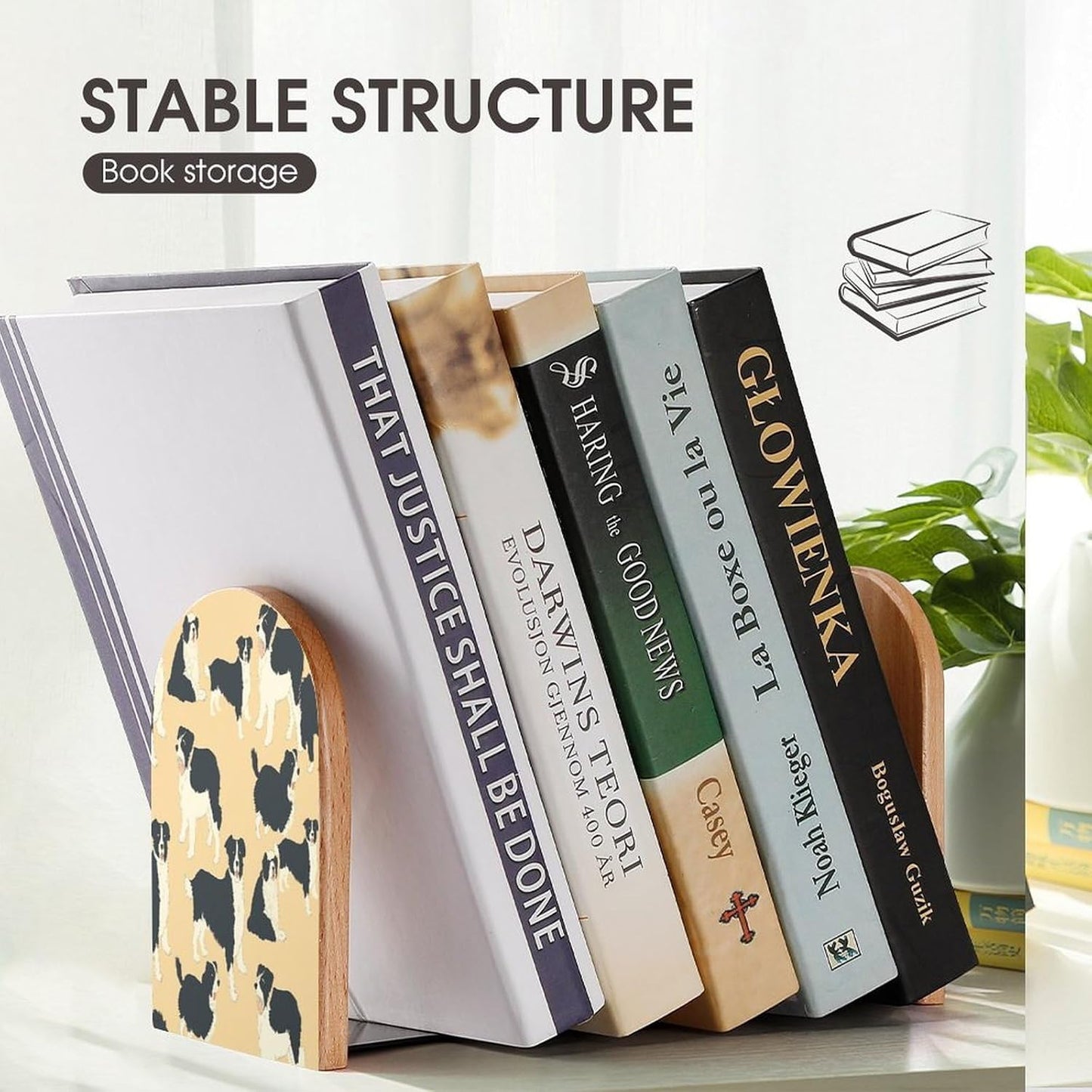 Border Collie Pattern Bookends 1 Pair Heavy Duty Book Ends for Shelves Non-Skid Bookend Supports Wooden Book Holders with Metal Base Desk Organizers Books Storage to Hold Books