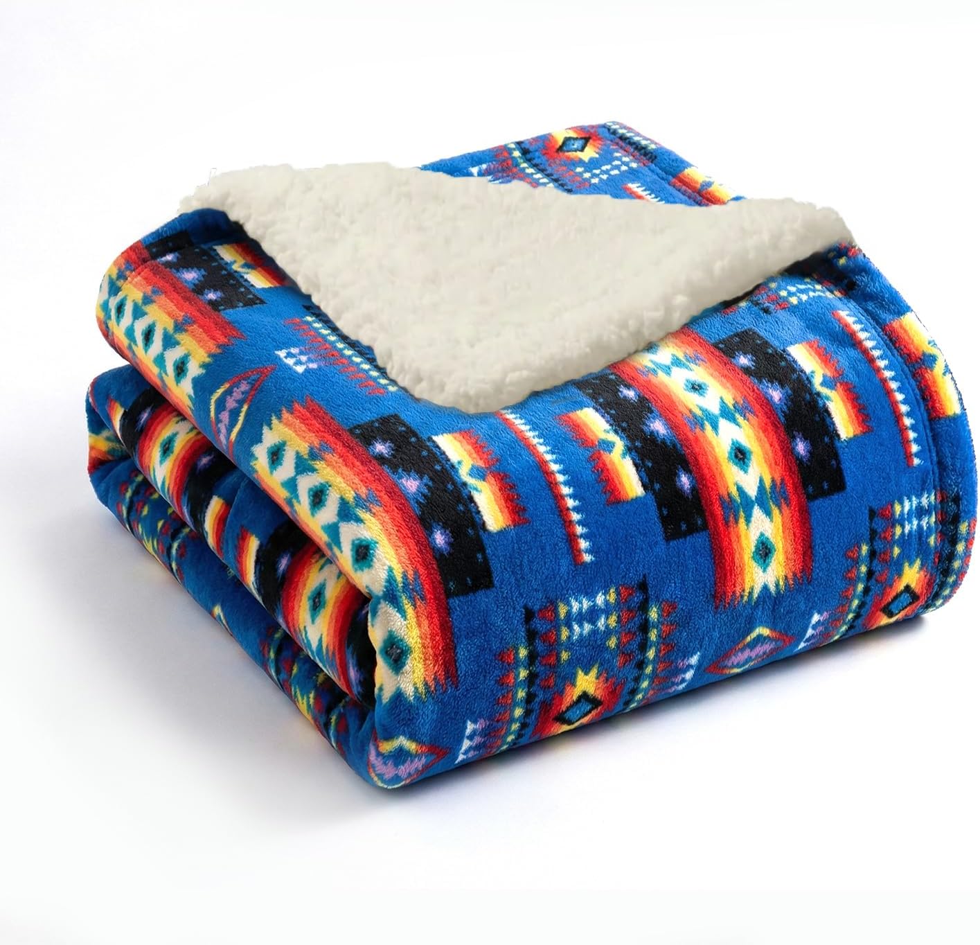 Sacred Thread Aztec Blanket Fleece, Reversible Native American Blanket, Western Throw, Native American Western (Blue Sherpa), Full (60”x80”)