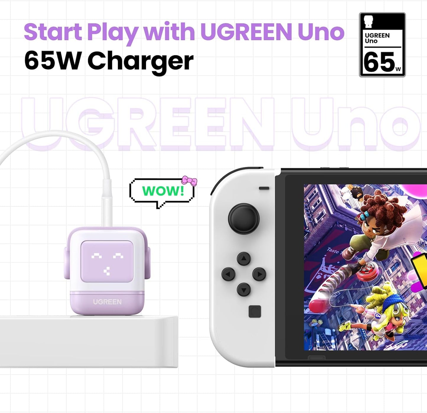 UGREEN Uno 65W USB C Charger Block, 3-Port GaN Fast Charging for iPhone 17, Galaxy S26, Gifts for Women with Bow, for MacBook Pro/Air/Neo, XPS, Galaxy S26/S25, Steam Deck, ROG Ally, Kawaii Purple