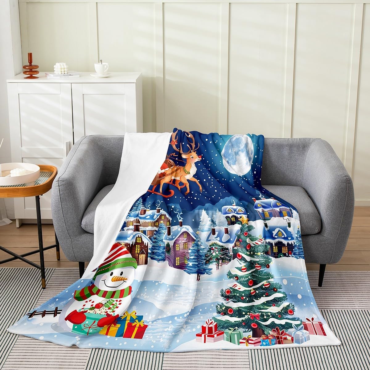 Erosebridal Winter Christmas Throw Blanket Queen 90X90 Santa Claus Christmas Tree Fleece Blanket Snowman Reindeer Deer Blanket Rustic Farmhouse Christmas Ornaments Flannel Blanket