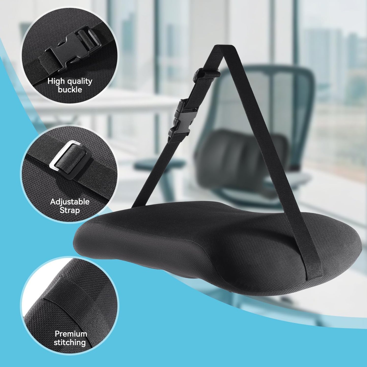 Lumbar Support Pillow for Car Seat and Office Chair, Memory Foam Back Cushion with Breathable Cover and Adjustable Straps for Driving, Ergonomic Orthopedic Back Rest Lower Back Support, Black
