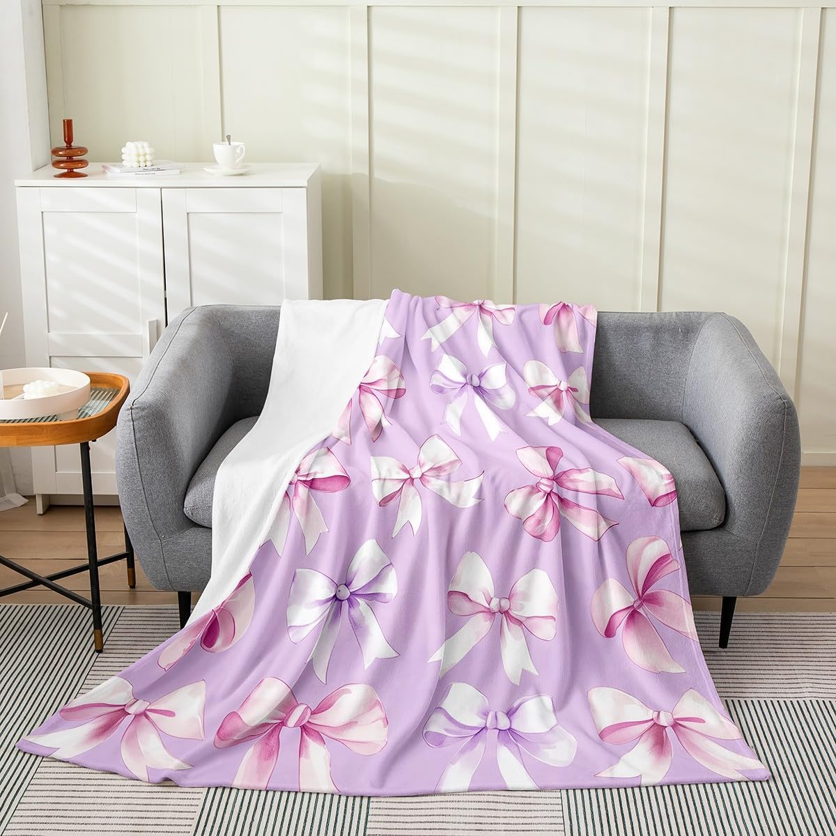 Erosebridal Bowknot for Kids, Dreamy Princess Bowknot Flannel Blanket Queen 90x90 Pink Bow Sofa Fleece Blanket Kawaii Bow Knot All Seasons Fuzzy Plush Throw for Girls Teens Women Adult, Purple Pink