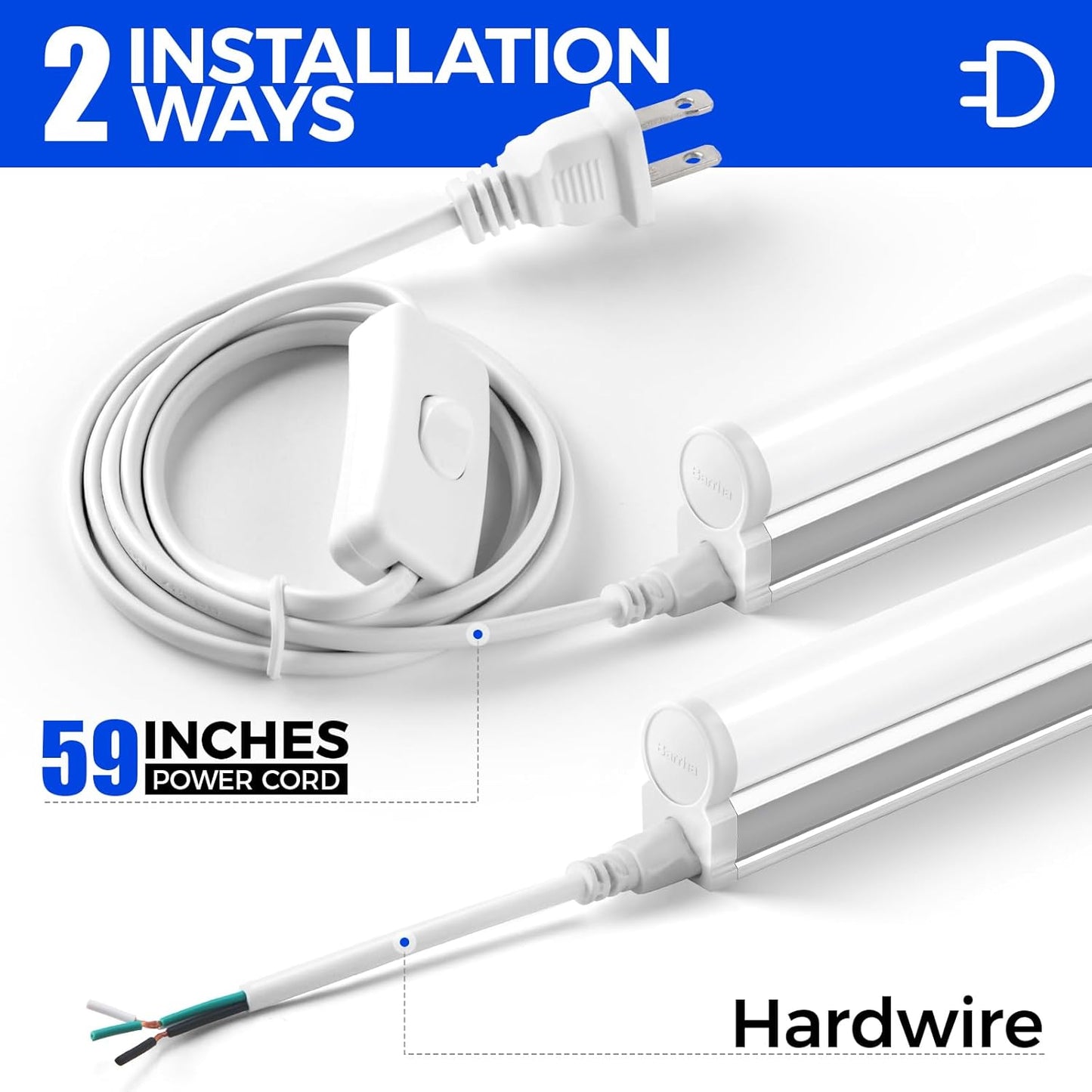 Barrina T5 LED Shop Light 2FT, 1100lm, 10W, 6500K (Super Bright White), Utility Garage Lighting, Linkable Ceiling and Under Cabinet Light, Corded Electric with ON/Off Switch, 2 Packs