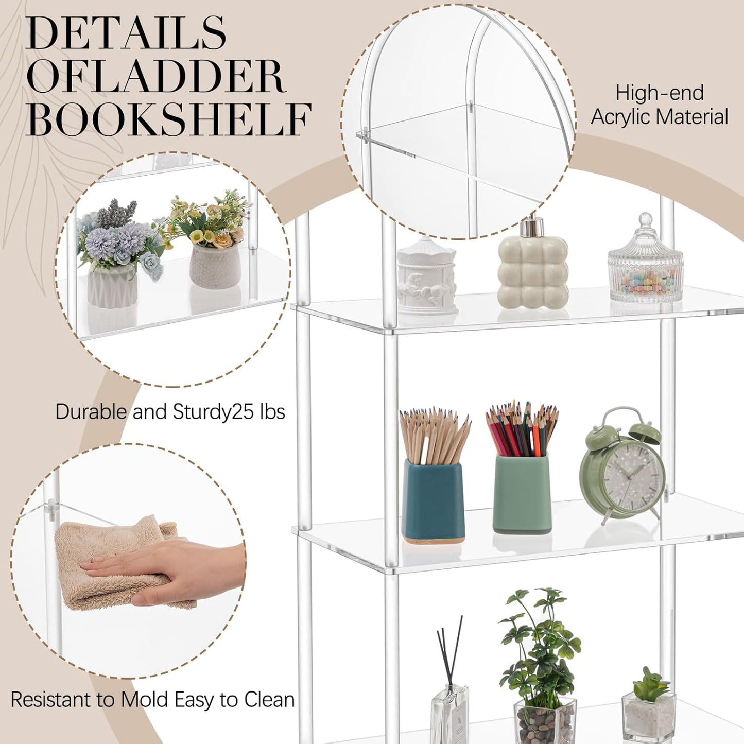 5 Tier Acrylic Arched Bookshelf Clear Book Shelf 11.8" D X 23.64" W X 65.7" H, 5 Tier Shelf Sturdy Open Display for Living Room Bathroom Office