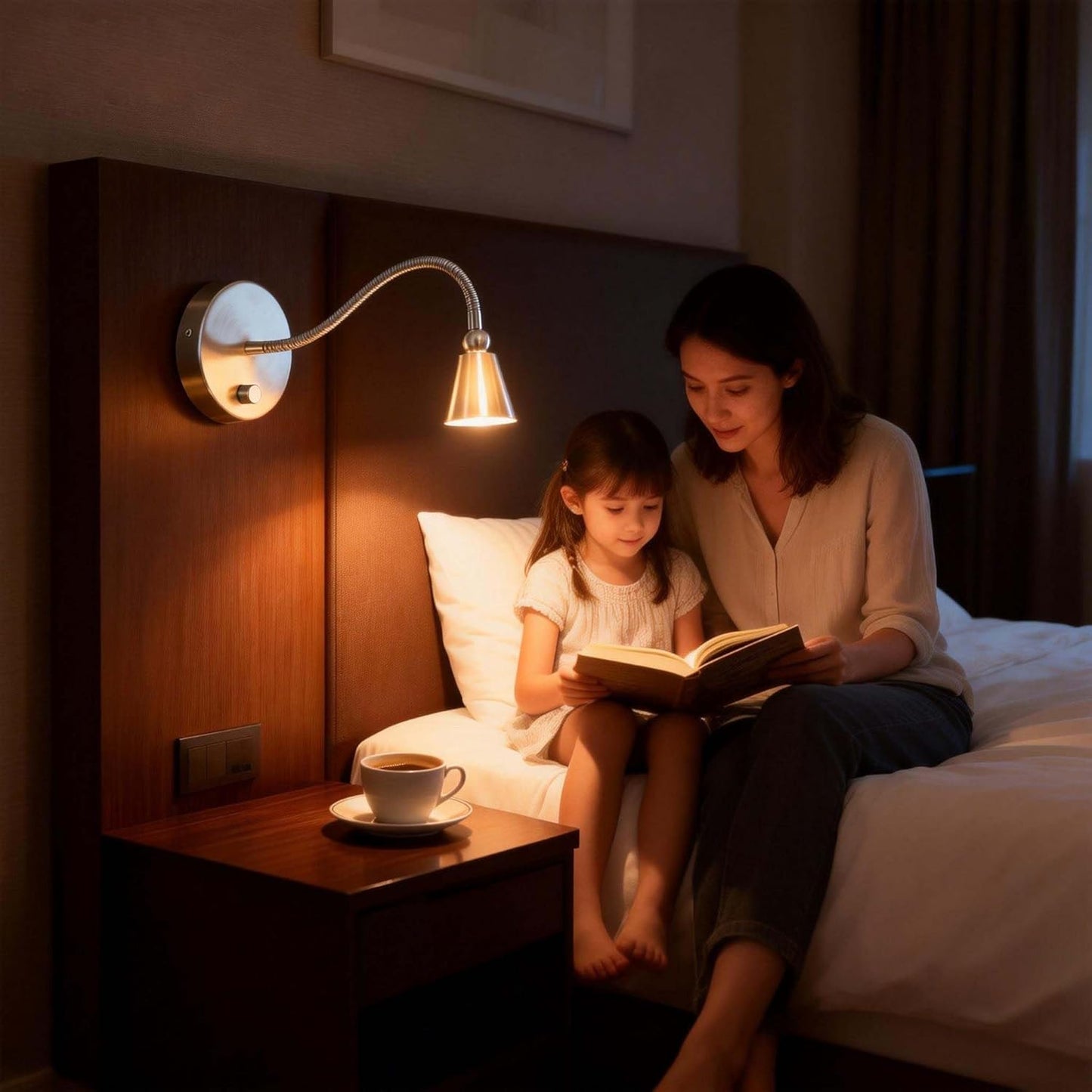 HomeFocus - LED Wall Lamp, Bedside Reading Light, Dimmable 3 Modes, Eye-Caring, Wall Sconces, 5W 3000K Warm White, Flexible Gooseneck, Metal, Satin Nickel