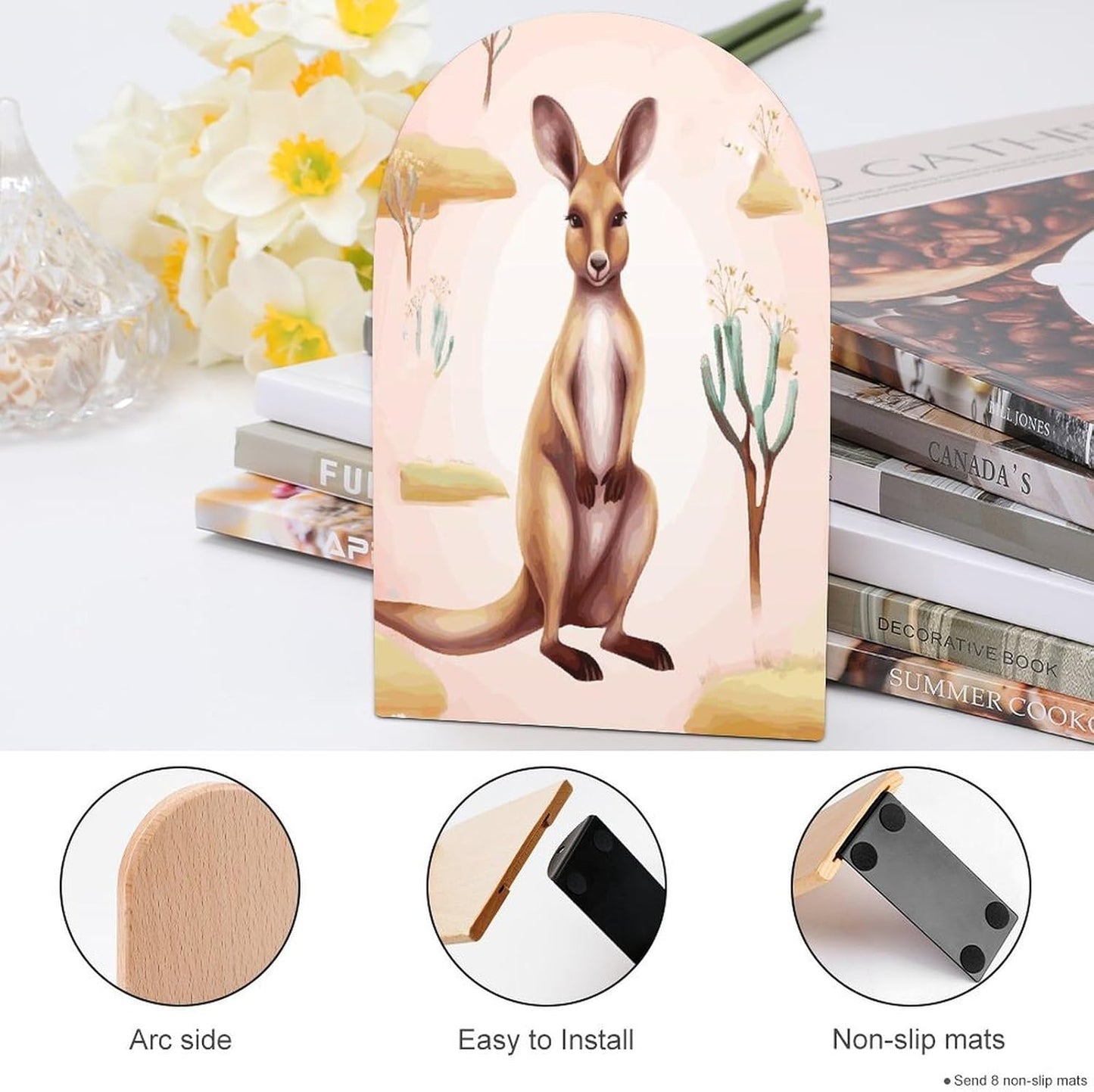 Non-Slip Bookend for Shelves Funny Cartoon Kangaroo Zoo Wooden Bookends with Metal Base Decorative Book Stopper for Home Heavy Duty Wood Book Storage for Books/CDs