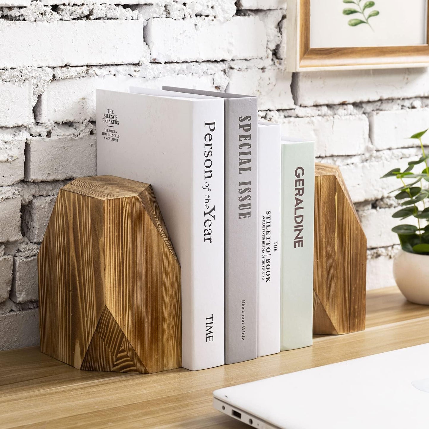 MyGift Brass Wood Decorative Bookends Triangular Design, Office Desk Wooden Book Ends, Book Stand for Shelves with Tone Ring Accent