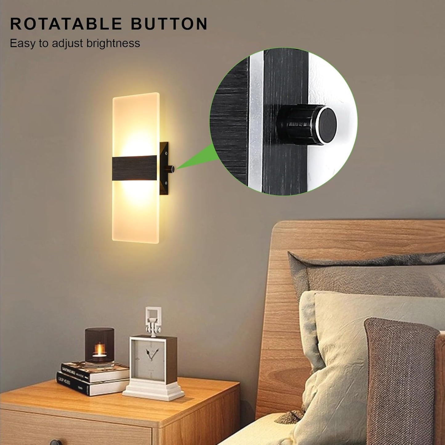 Lightess Indoor Wall Sconce with Switch 12W LED Modern Wall Light, Acrylic Dimmable Wall Lamp, Black Wall Mounted Lighting Fixture for Bedroom Living Room Hallway, Warm White, 1 Pack
