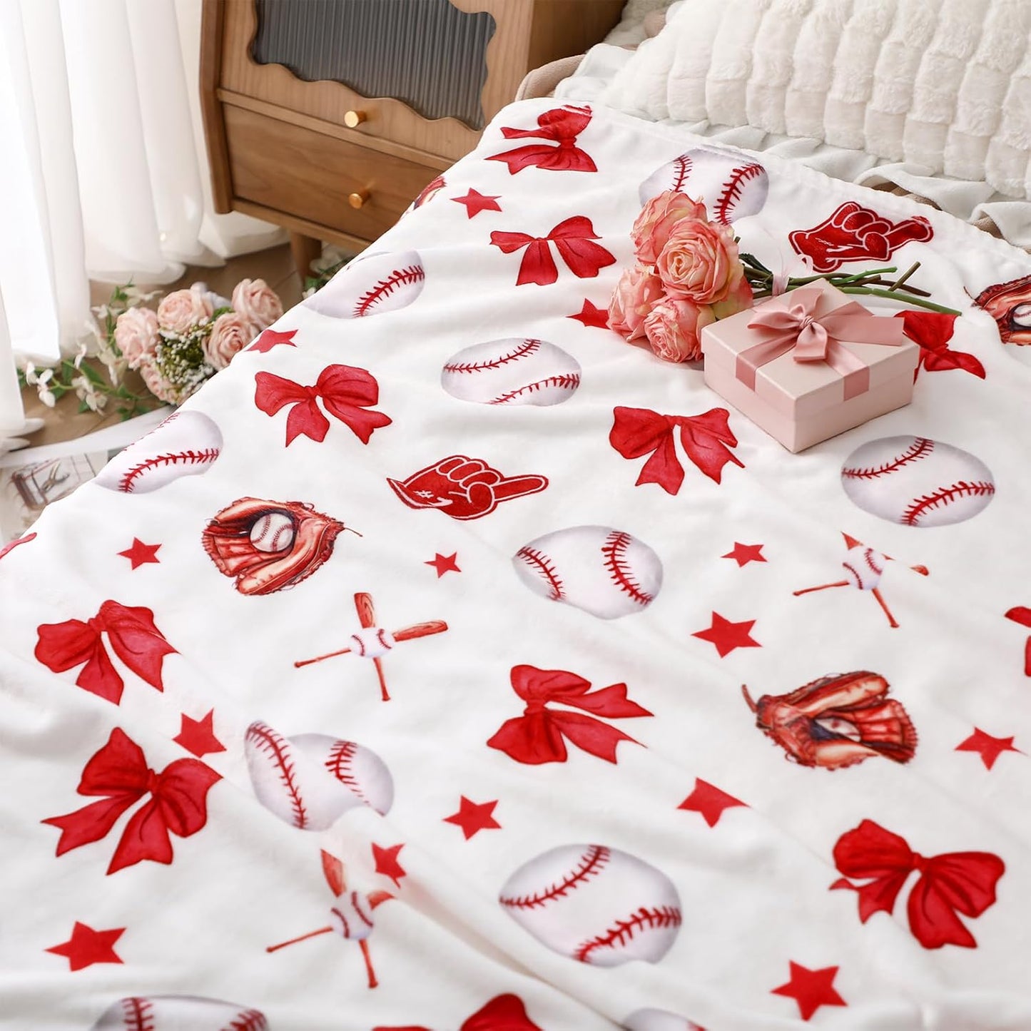 Red Bow Baseball Blanket for Teen Girls Cute Soft Flannel Throw Blanket Washable Aesthetic Fuzzy Fleece Throw for Couch Sofa Bed Decor, Valentine Galentines Day Gift 50 x 60inch