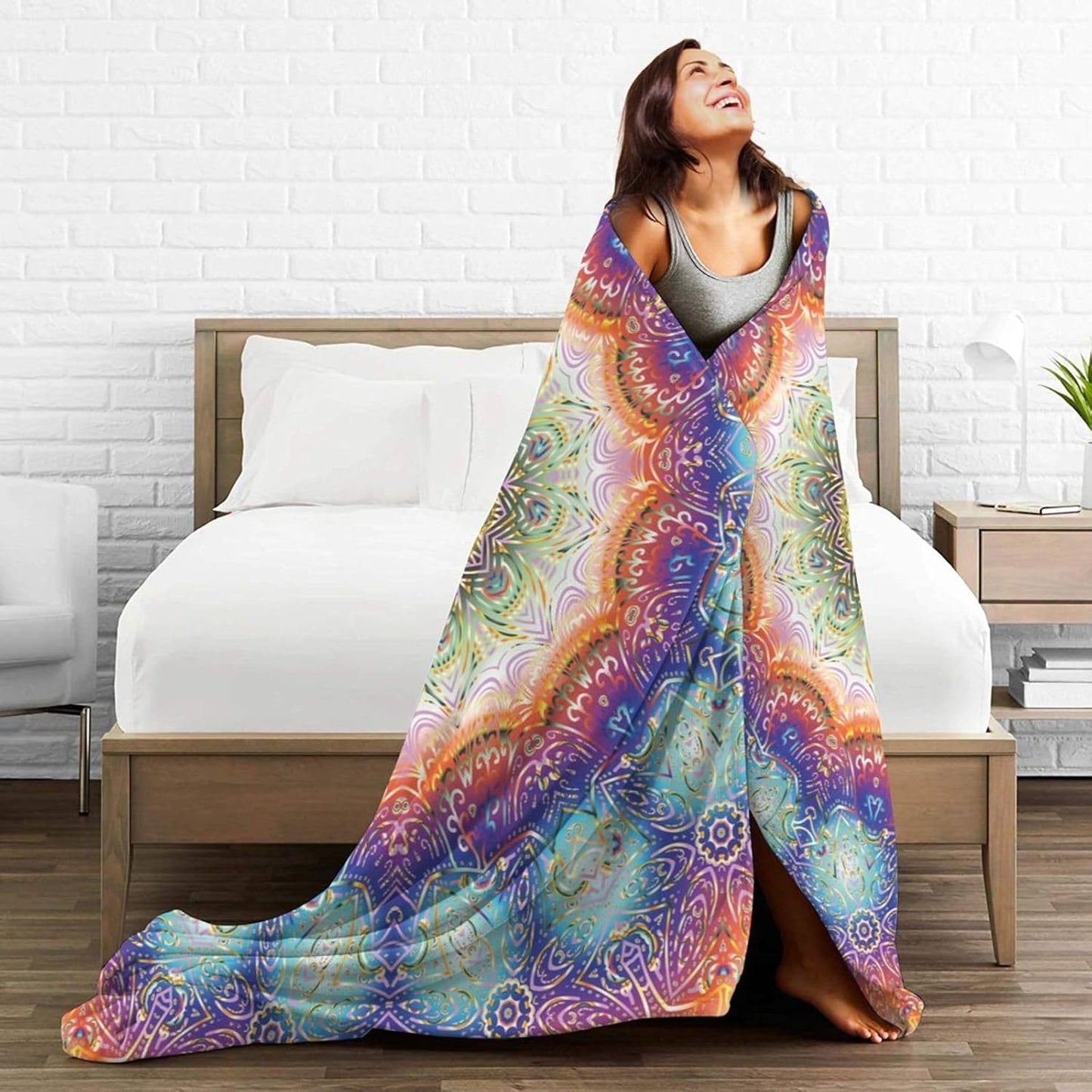 Mandala Peacock Feather Print Bed Blanket Ultra Soft Throw Blanket All Season Warm Light Weight Cozy Plush Blankets for Home Bedroom Sofa Chair Travel, 50"X60"