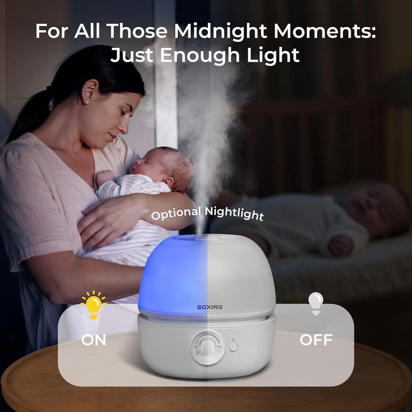 BOXING 3L Cool Mist Humidifier, Ultra Quiet 20dB for Bedroom, Baby & Office, Top Fill Air Humidifier for Home Office & Indoor Plants, 30H Runtime, Essential Oil Tray, Night Light, BPA-Free, White