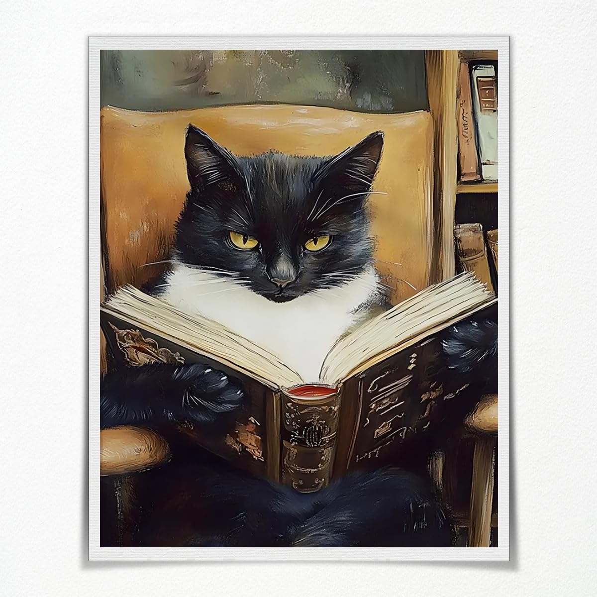 Heltrappe Funny Tuxedo Cat Reading Book Wall Art Poster Vintage black cat Painting library reading nook Book Room Dark Academia Aesthetic Kitten Art Wall Decor 08x10in Unframed