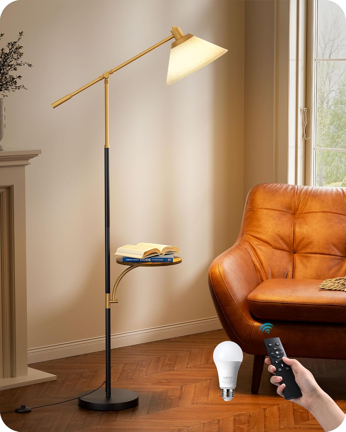 EDISHINE 68" Arc Floor Lamp with Table, Vintage Standing Lamp for Living Room with Tray, Height Adjustable, 5 Color Temperatures LED Bulb Included, Beige Shade, for Bedroom Office, Wood Grain