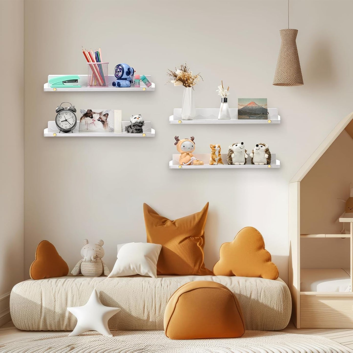 16.5 Inches Nursery Book Shelves for Wall, 4-Pack Clear Acrylic and Wooden White Floating Rack for Bedroom Kids, Scalloped Book Shelves, Toddler Room, Playroom & Nursery Decor (White)