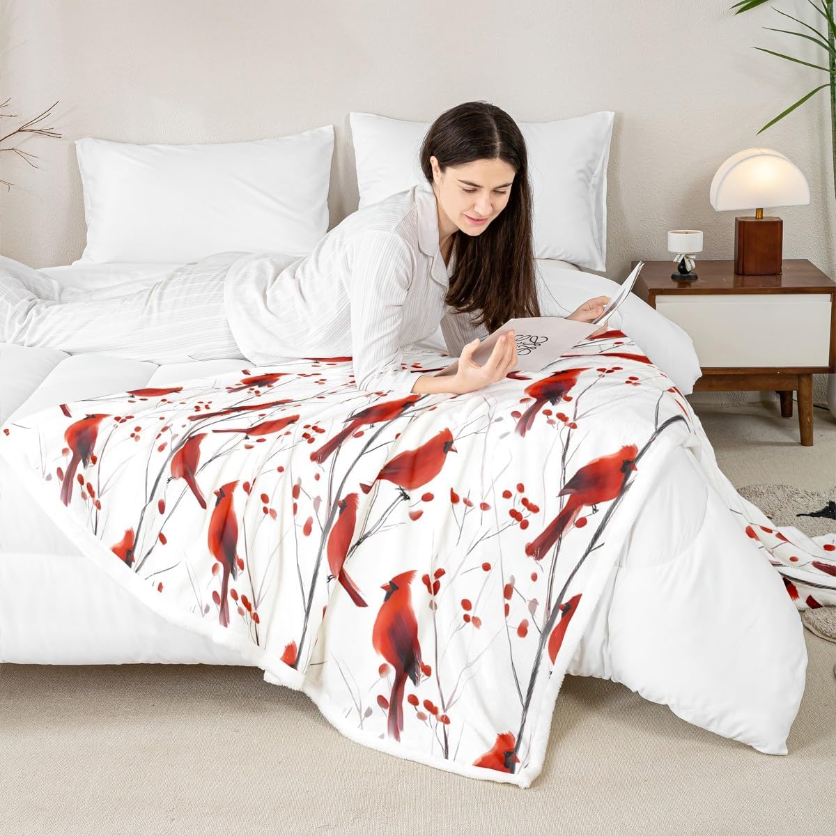 Feelyou Berries and Cardinals Pattern Printed Sherpa Throw Blanket for Couch Red Cardinal Super Soft Cozy Fleece Christmas Blanket for Winter,Plush Throw Bird Print Throw 50"x60" Animal All Season