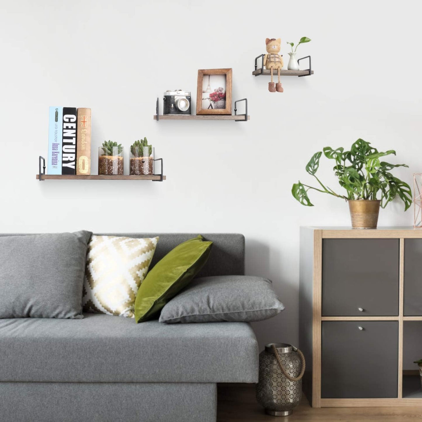 Floating Shelves Wall Mounted Set of 3, Rustic Wood Wall Storage Shelves for Bedroom,Living Room,Bathroom, Kitchen Walnut