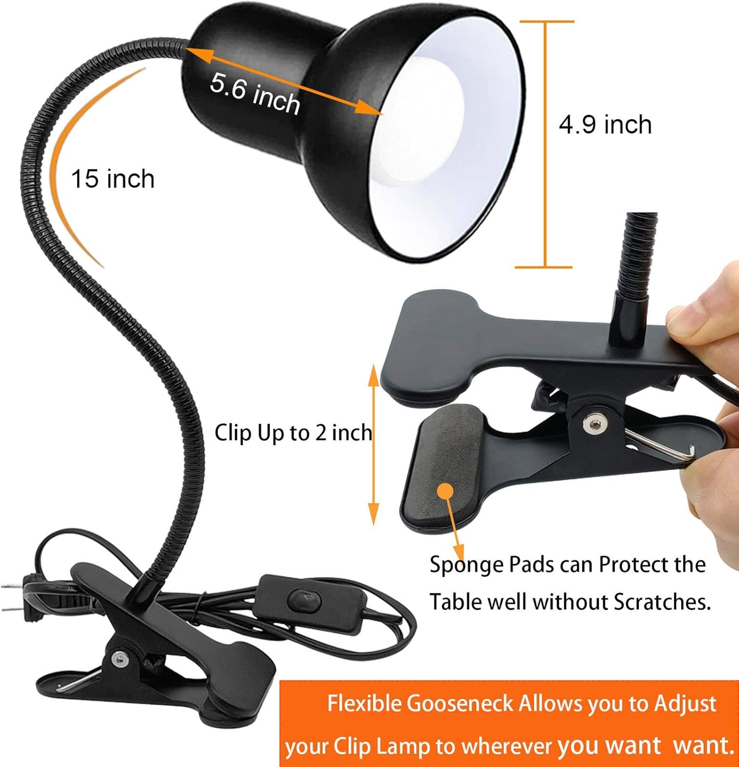 Desk Lamp, 360 Rotation Clip On Reading Light - Gooseneck Lamp with Cable, Portable Clamp Light for Bedroom, Office, Home Lighting