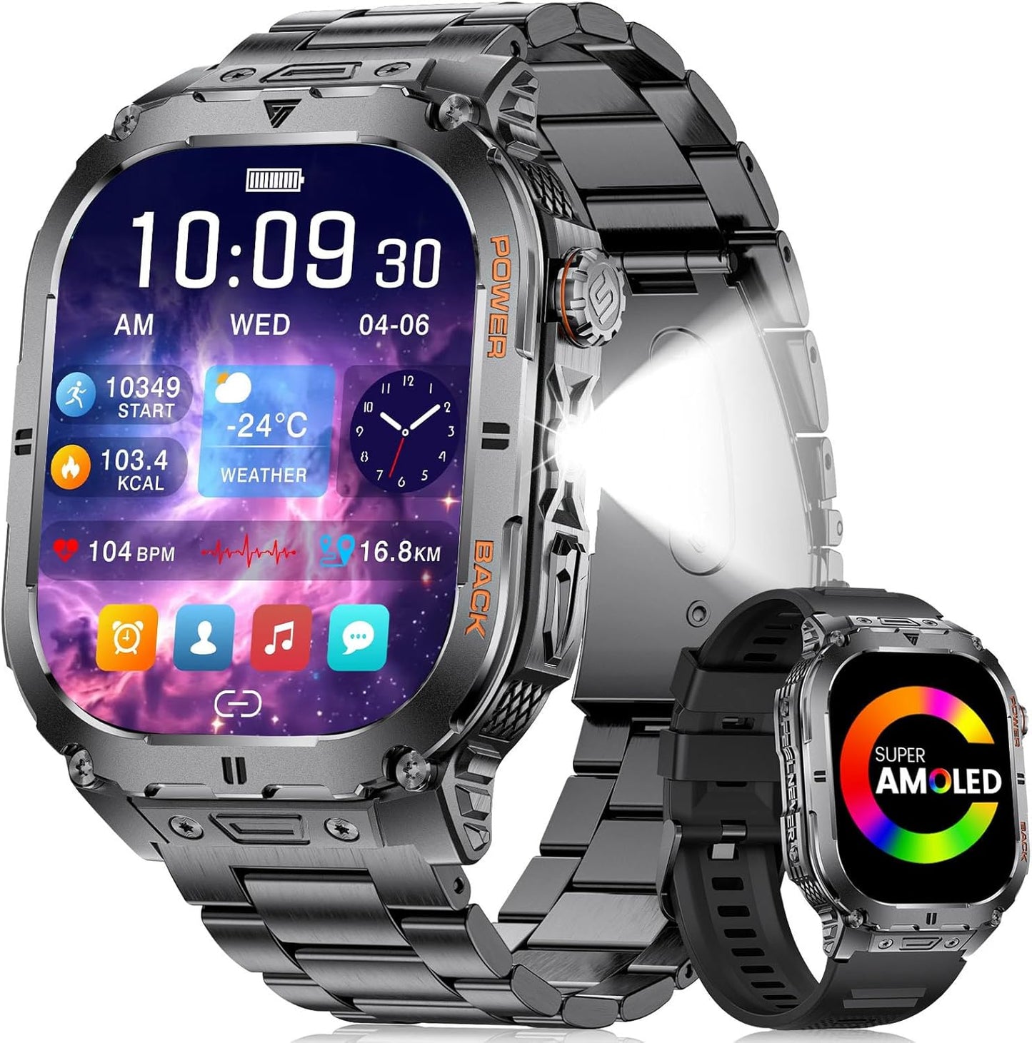 SUNKTA Military Smart Watch for Men,2.13''AMOLED/430mAh Battery Smart Watches with LED Flashlight for Android iOS (Bluetooth Call Answer/Calls) Fitness Tracker with Heart Rate/Sleep Tracking Black