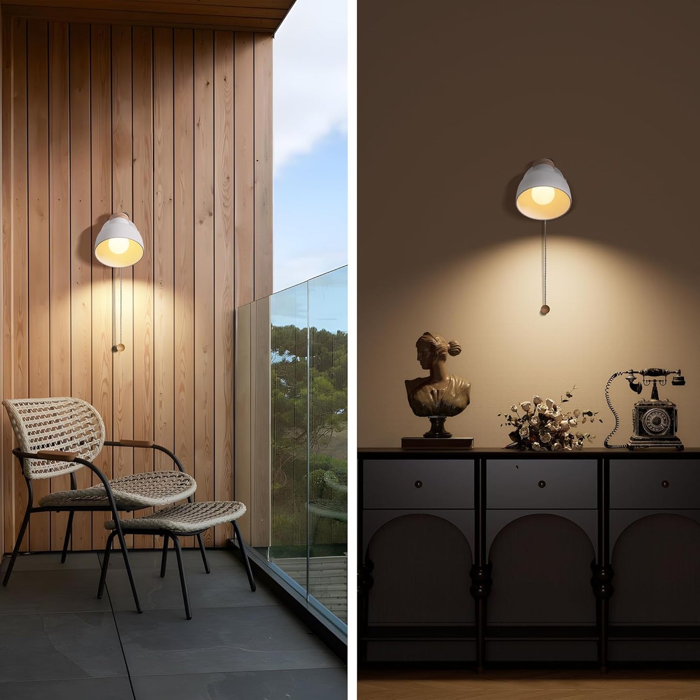 Aisilan Wall Sconce with Pull Chain White Metal Wall Light for Bedside Wooden Indoor Wall Mounted Lamp with E12 Bulb Hardwire Wall Sconces for Bedroom Living Room Hallway Office 3000k Warm White