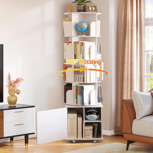 6 Tier Rotating Bookshelf Spinning Bookshelf Tower 360° Revolving Bookcase with Storage Cabinet Corner Organizer Storage Round Carousel with Wheels, White