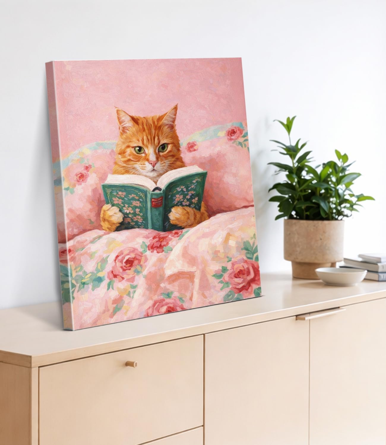 Vintage Cute Cat Pink Wall Art Print - Cat Reading Book Canvas Poster Painting - Pink Girly Wall Decor for Home Bedroom Dorm 8x10 Inch Framed