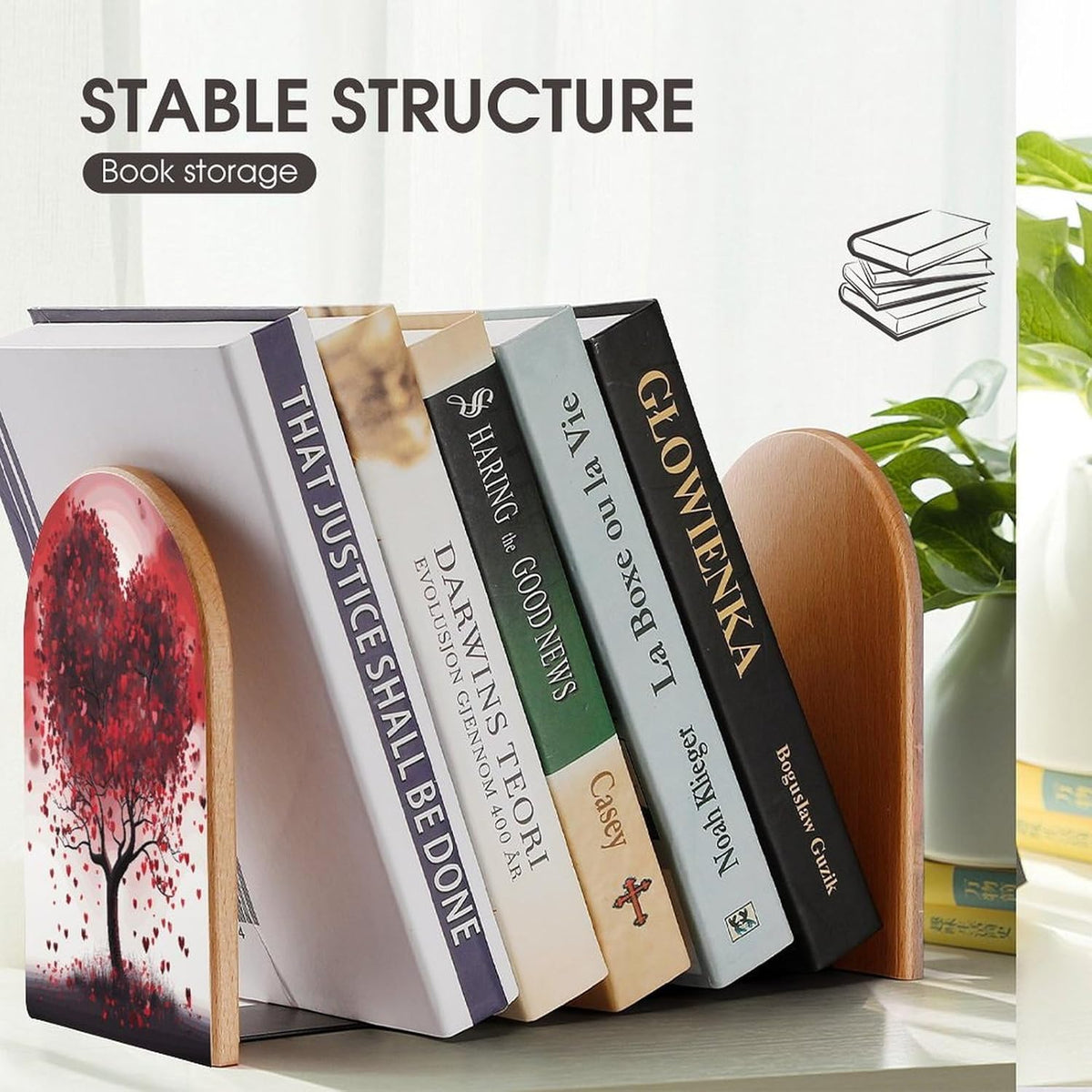 Red Love Heart Tree Wooden Bookend Non-Slip Book Ends Heavy Duty Book Stopper with Metal Base Books Holderd Decorative Bookends Stands Firmly for Office Supplies