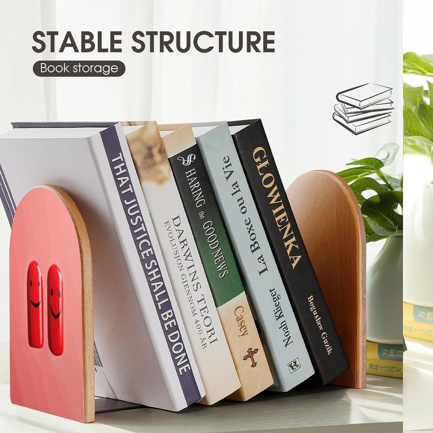 Red Smile Wooden Bookend Non-Slip Book Ends Heavy Duty Book Stopper with Metal Base Books Holderd Decorative Bookends Stands Firmly for Office Supplies