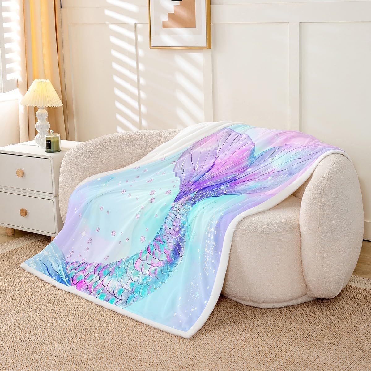 Mermaid Tail Bed Blanket,Blue Purple Mermaid Scale Paint Flannel Blanket for Room Decor,Fantasy Fairy Tale Tie Dye Princess Style Fleece Blanket for Kids,Super Soft Blanket,Throw 50"x60"