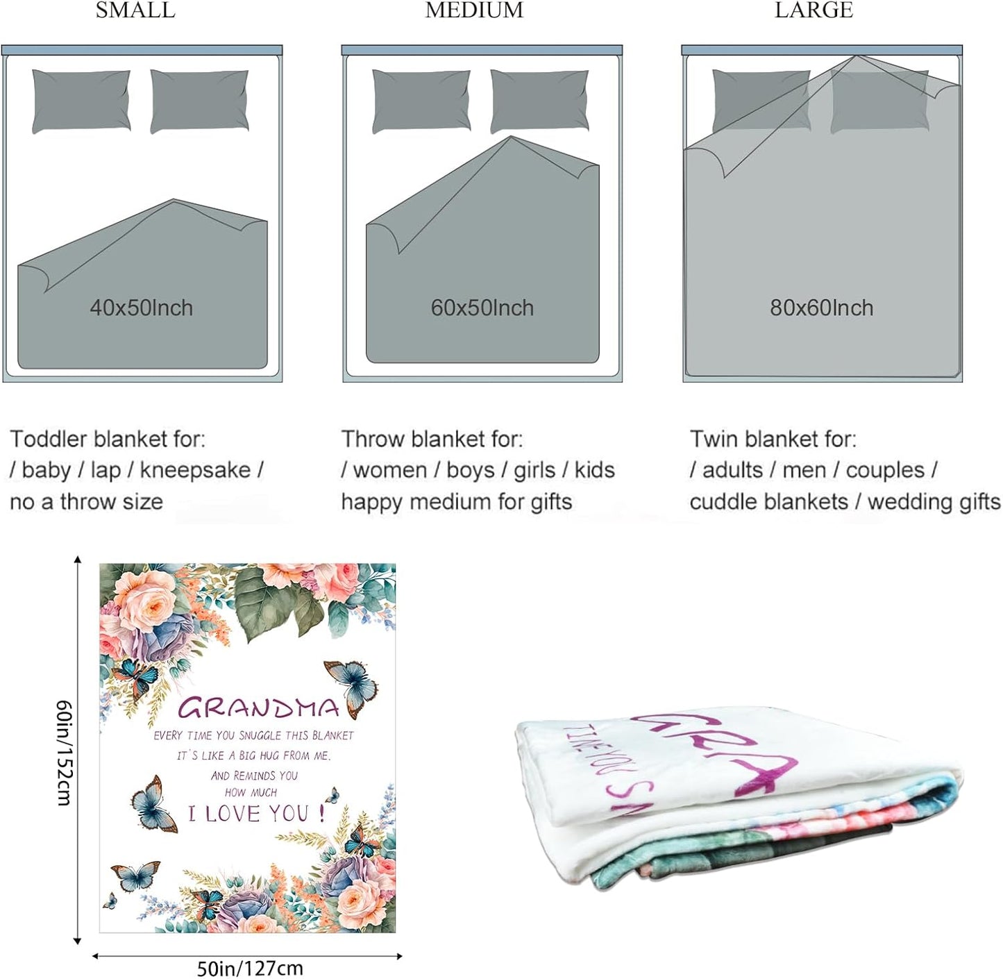 Grandmother Birthday Gifts, Grandma Birthday Gifts Blanket 60"x50", Great Grandmas Gift for Christmas Mothers Day from Granddaughter Grandkids, to My Grandma's Happy Presents