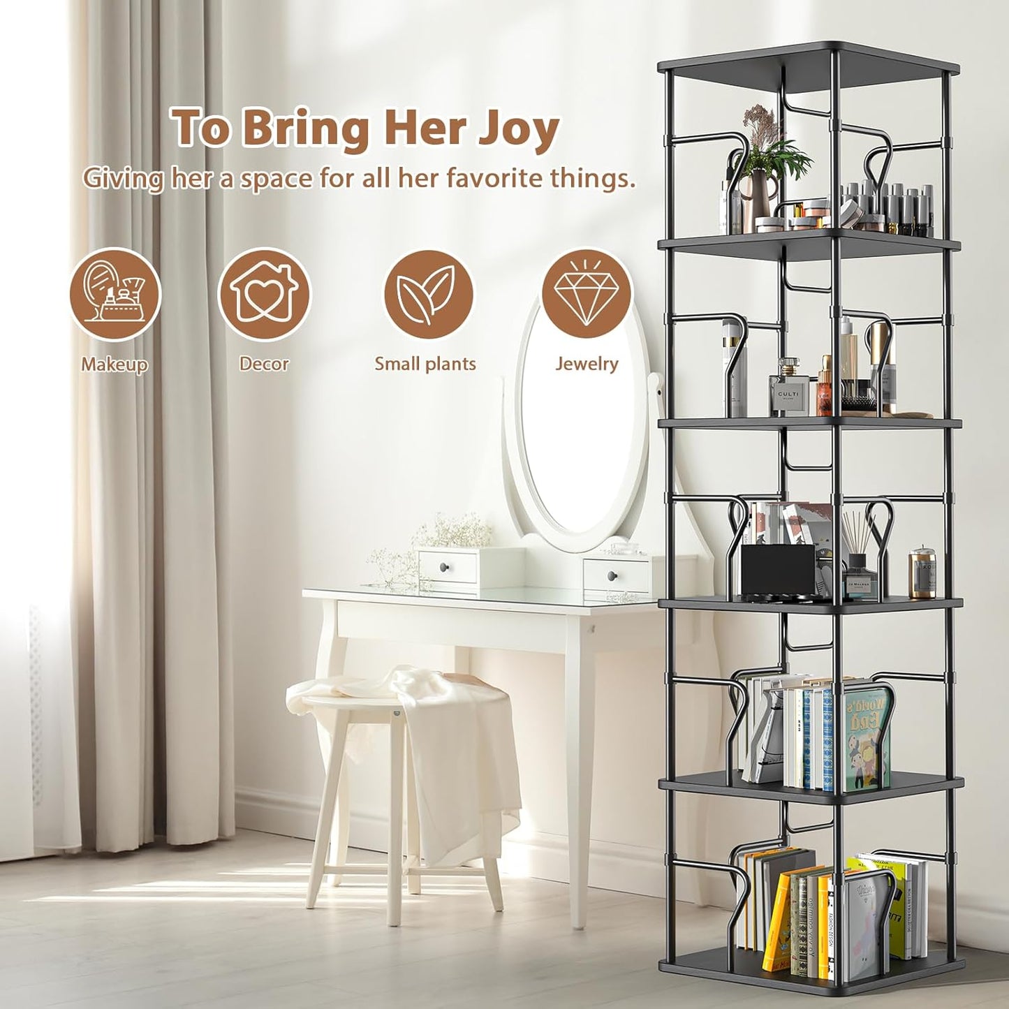 5 Tier Square Rotating Bookshelf Tower, Spinning Bookshelf, 360° Display Round Bookcase, Floor Standing Corner Revolving Bookshelf Organizer Storage Rack for Home Study Office, Small Spaces