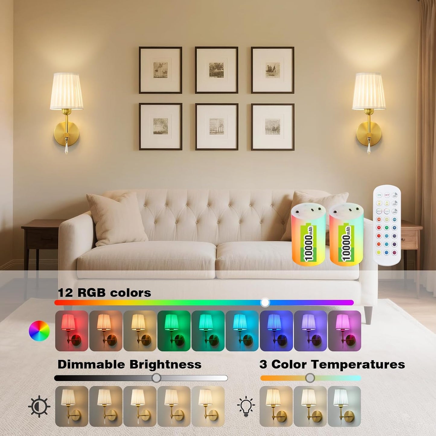Battery Operated Wall Sconce Set of 2, 10000 Mah Rechargeable Wall Sconces Dimmable 12 RGBS,Remote Wireless Sconces,Gold Sconces Wall Decor Set of 2 Fabric,Cordless Wall Lamp for Bedroom,Living Room