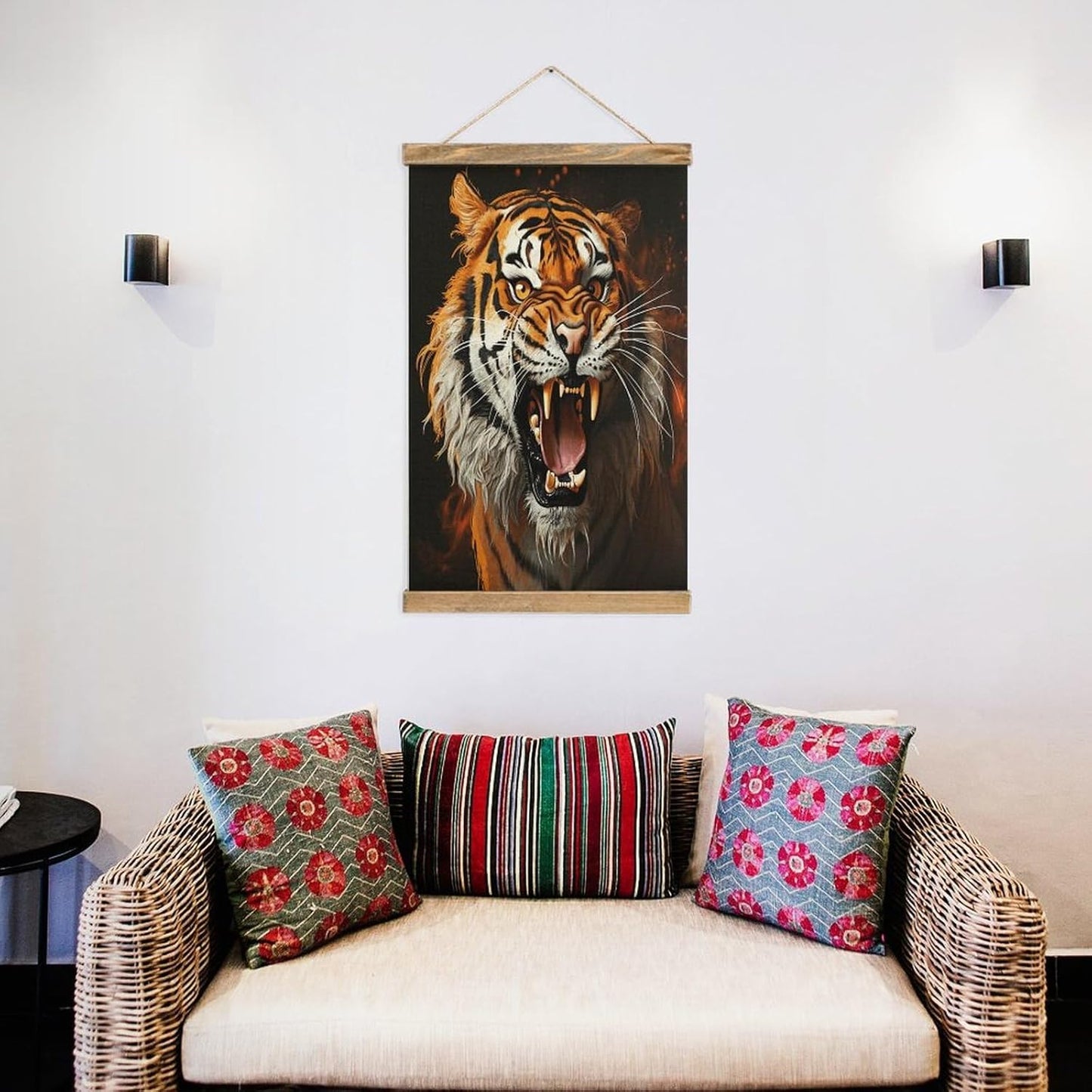 Vintage Roaring Tiger Poster with Wooden Frame Personalized Linen Hanging Scroll Painting Rustic Wall Hanging Illustrative Modern Artwork Decor for Home Living Room Bedroom Office