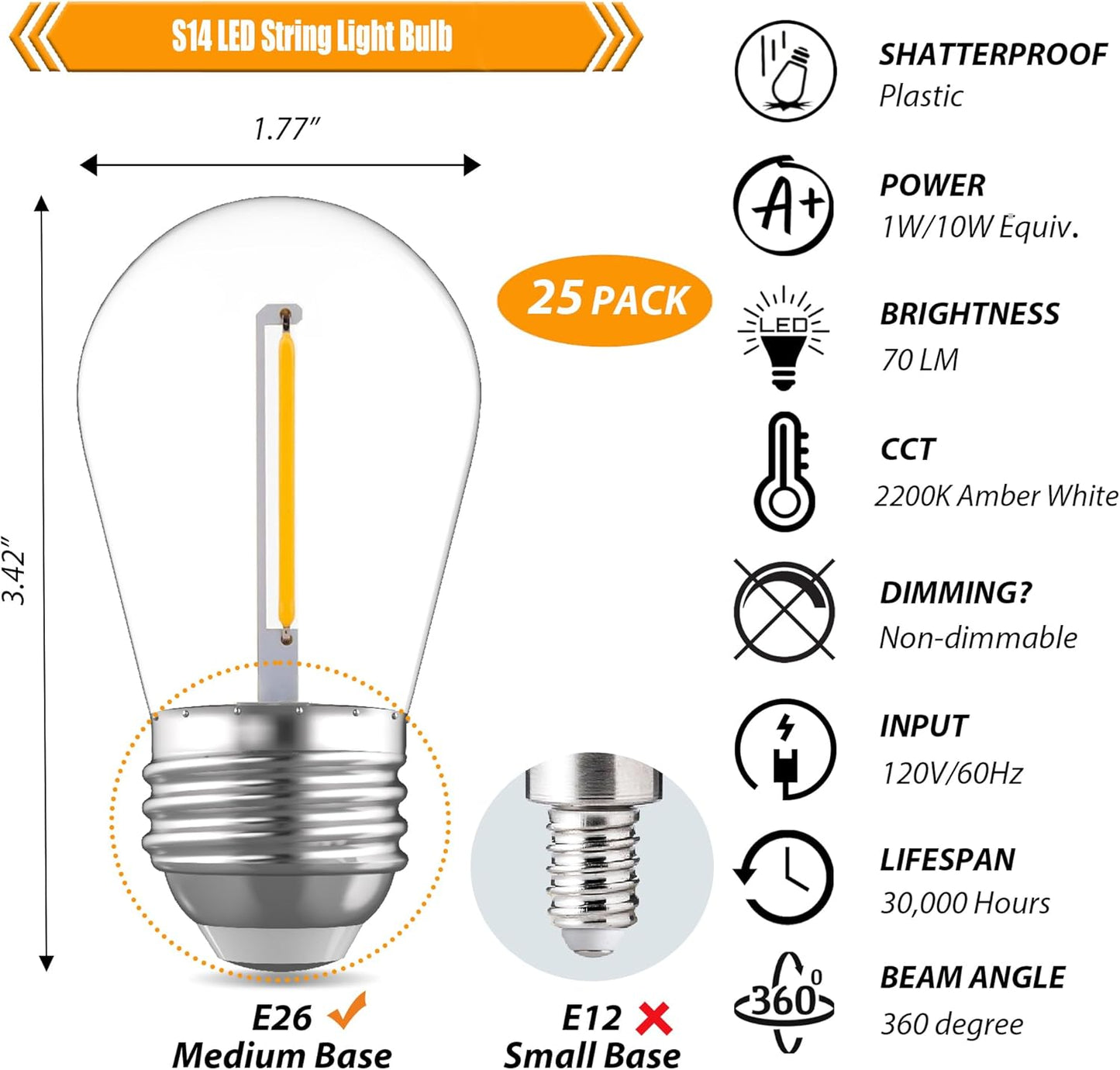 25 Pack S14 Replacement Bulbs for String Lights, 1W LED Waterproof Shatterproof Outdoor Light Bulbs, 2200K Amber Warm White, E26 Base, 70LM, AC120V, Non-Dimmable