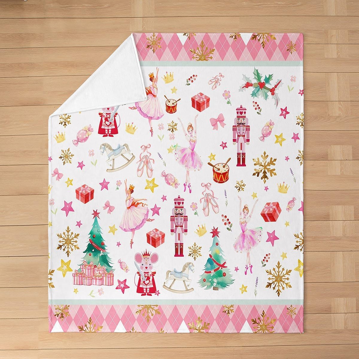 Feelyou Pink Christmas Plush Throw Blanket Ballet Nutcracker Flannel Blanket Throw 50"x60" Snowflake All Season for Couch Bed Sofa Bedroom Decor