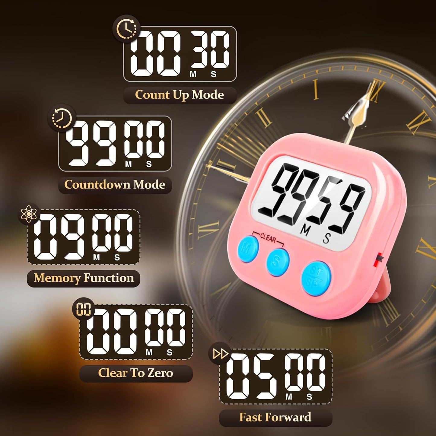 6 Pack Digital Kitchen Timer Small Classroom Timers for Kids Teachers (Blue&Pink)