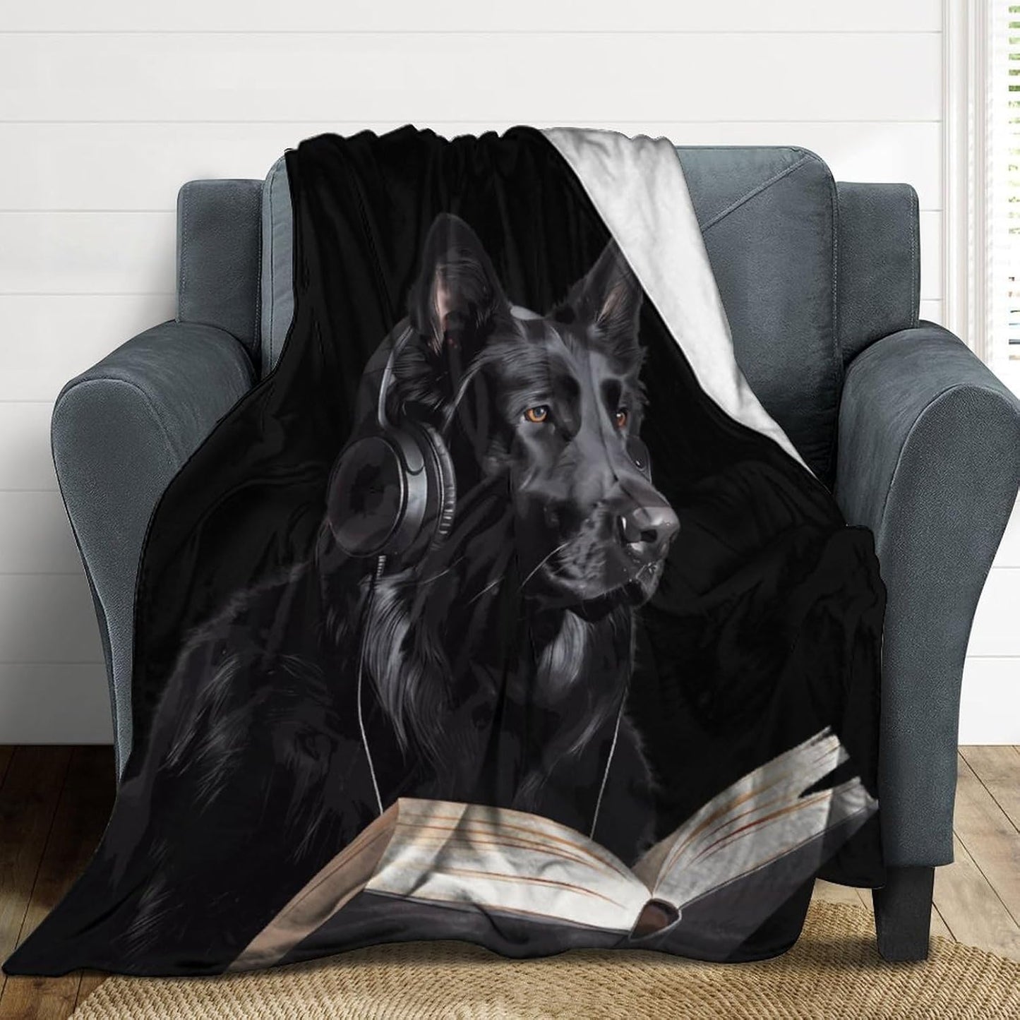 German Shepherd Wearing Headphones Reading Soft Throw Blanket Flannel Warm Lightweight Cozy Plush Blanket for Couch Sofa Bedroom Travel