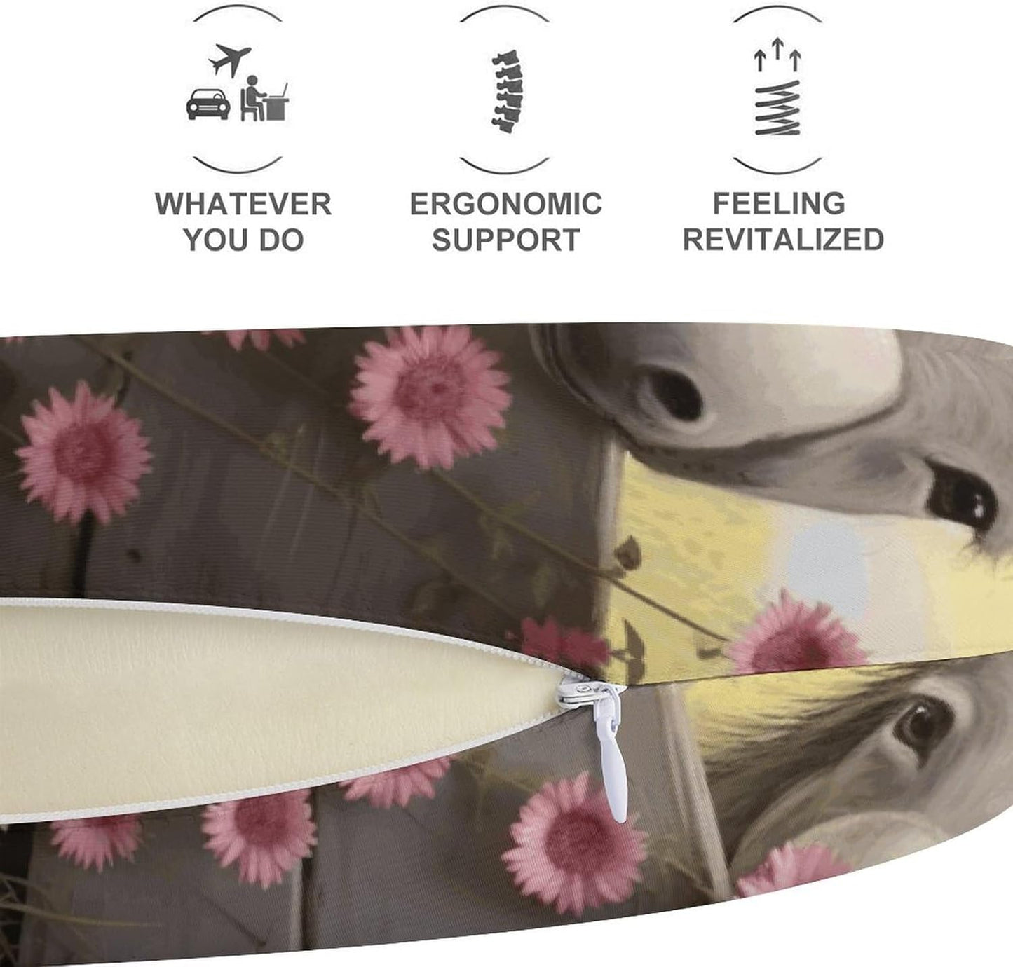 Donkey and Flower Neck Pillow Memory Foam U Shaped Pillows Portable Pillows for Shoulder Travel Head Support Pillow with Concealed Zipper for Airplane Car Home Office