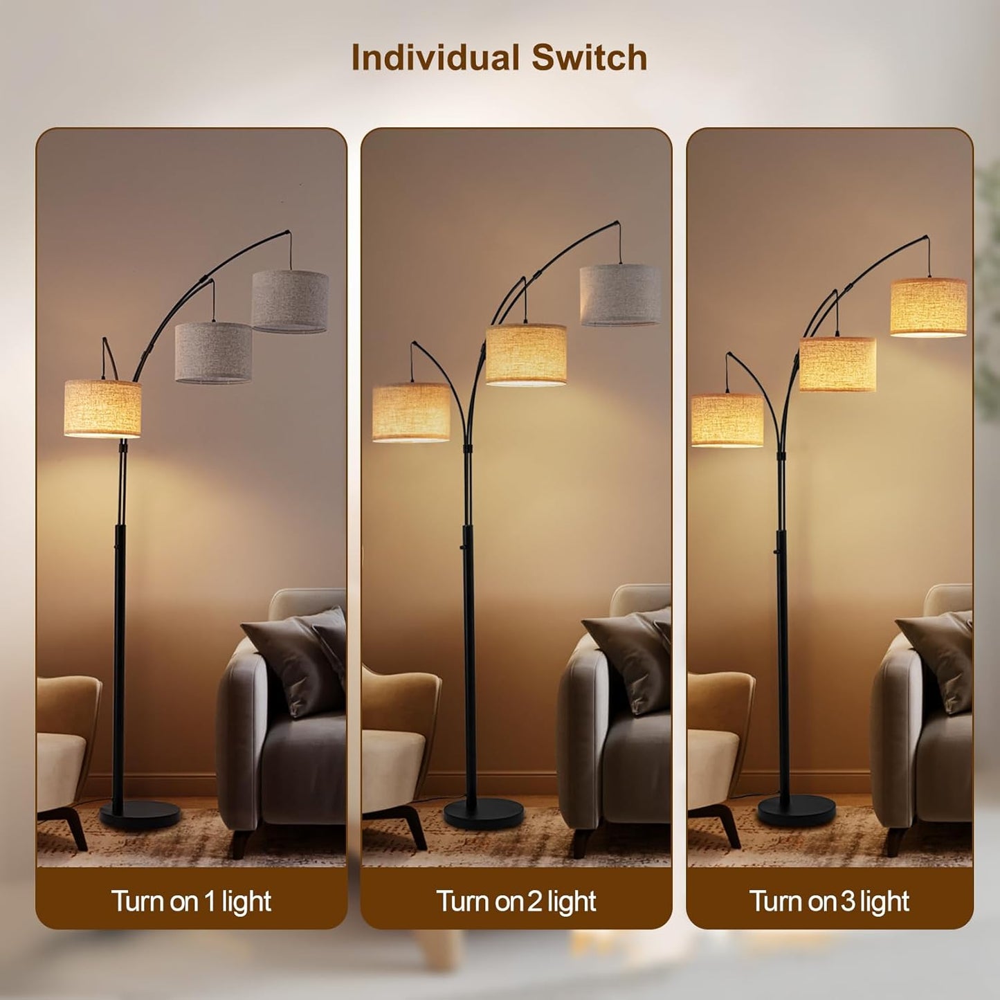Floor Lamps for Living Room, 2400LM Super Bright Arc Floor Lamp with Remote Control, 3 Light Tall Floor Lamps with Stepless Dimmable, 80" Mid Century Tree Floor Lamp for Bedroom, Office